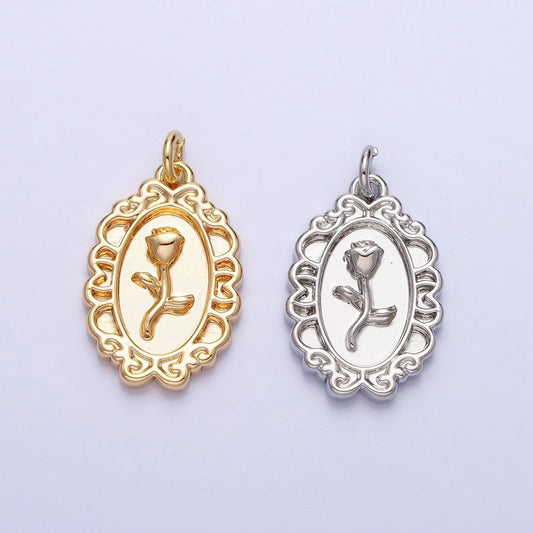 Mini gold rose charm in oval frame for add on charm belle flower charm ac761 ac762