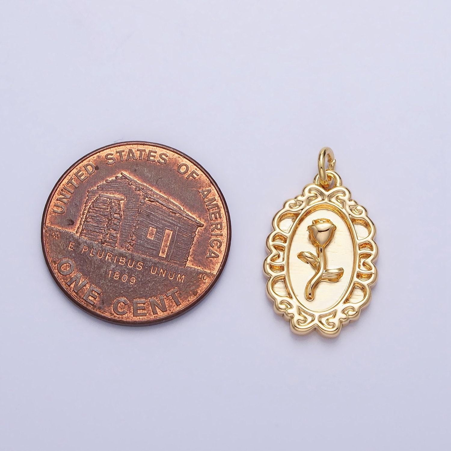 Mini gold rose charm in oval frame for add on charm belle flower charm ac761 ac762