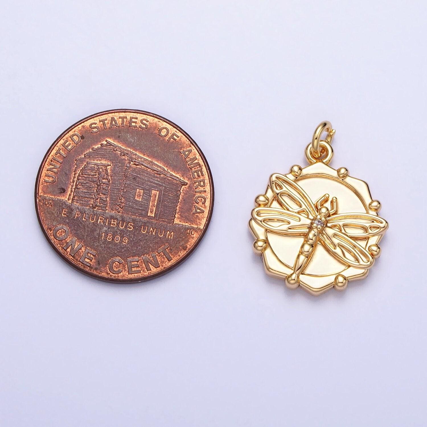Dainty gold dragonfly charm, 16k gold plated brass insect pendant for bracelet necklace earring component ac757