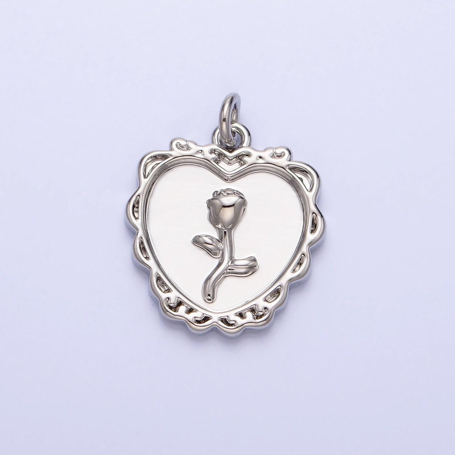 Mini gold rose charm in decorated heart frame for add on charm belle flower charm ac745