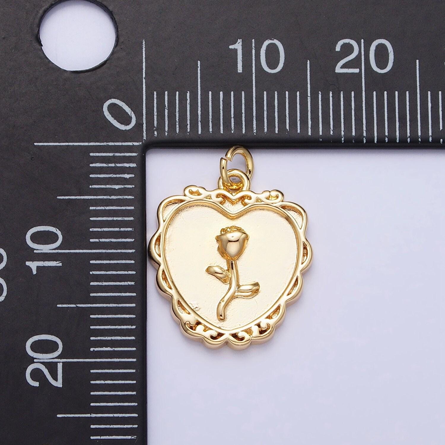 Mini gold rose charm in decorated heart frame for add on charm belle flower charm ac745