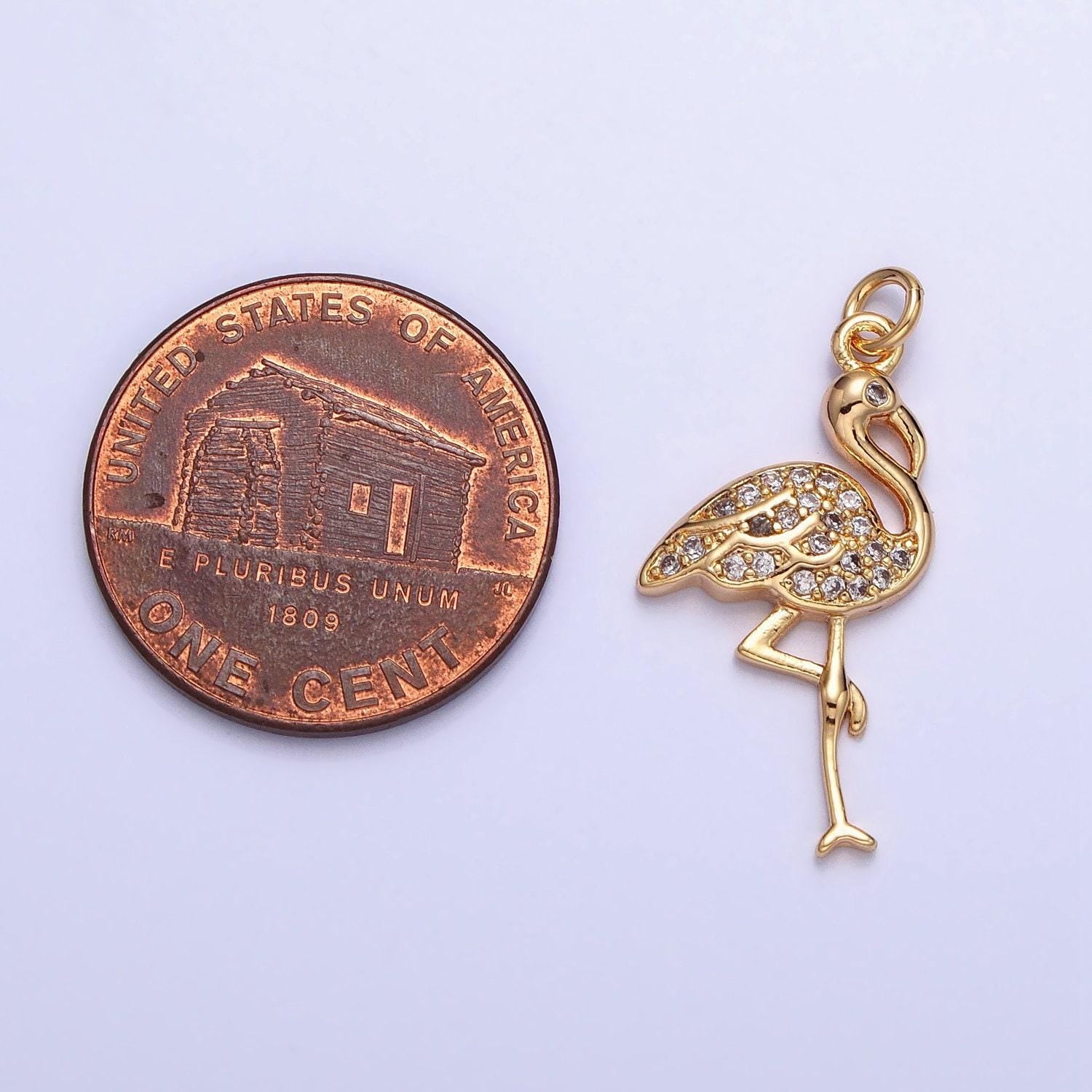 Mini gold flamingo charm silver micro pave bird zoo pendant ac731 ac732