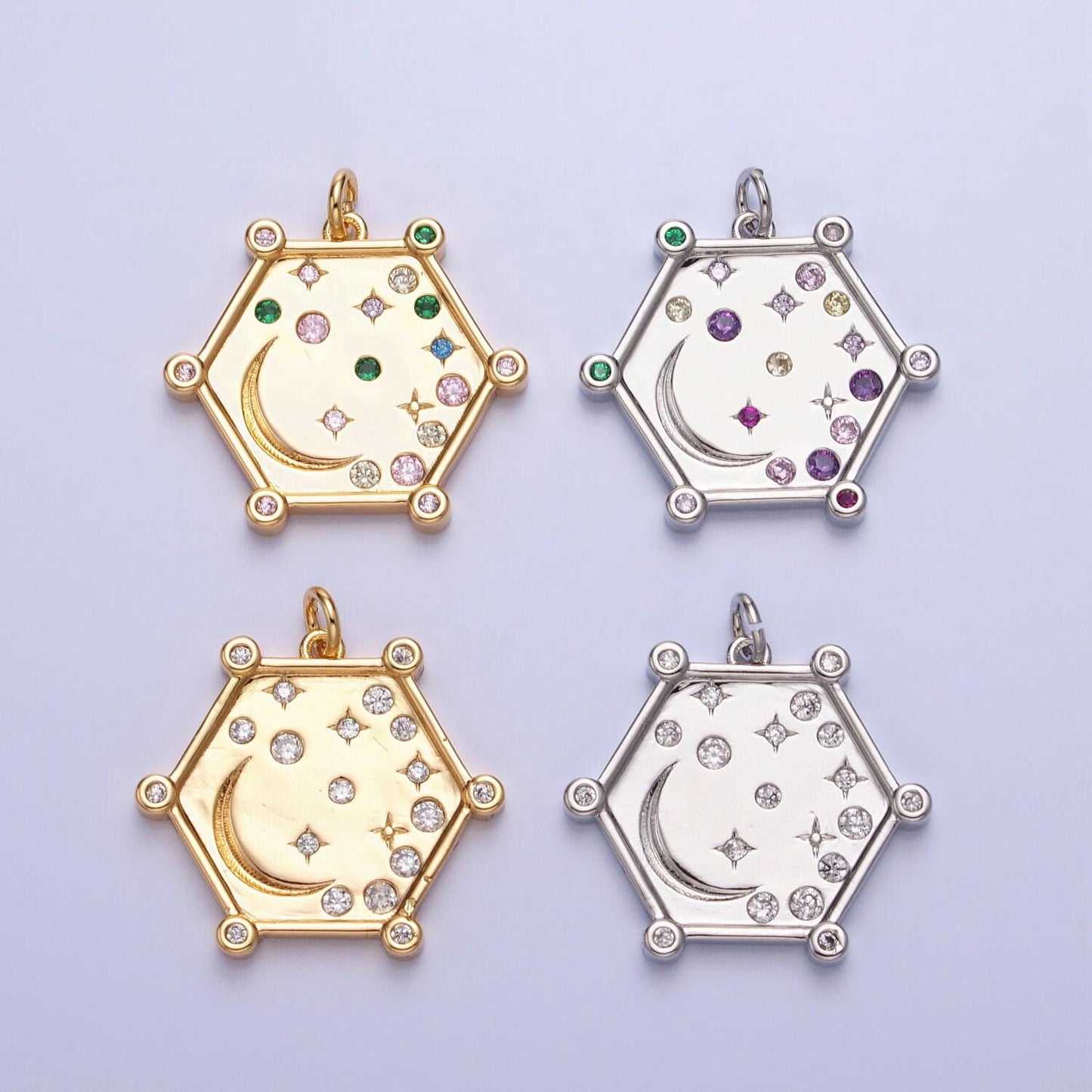 Gold, silver hexagonal celestial moon clear, pink, green, purple & yellow multicolor charm ac695 - ac696