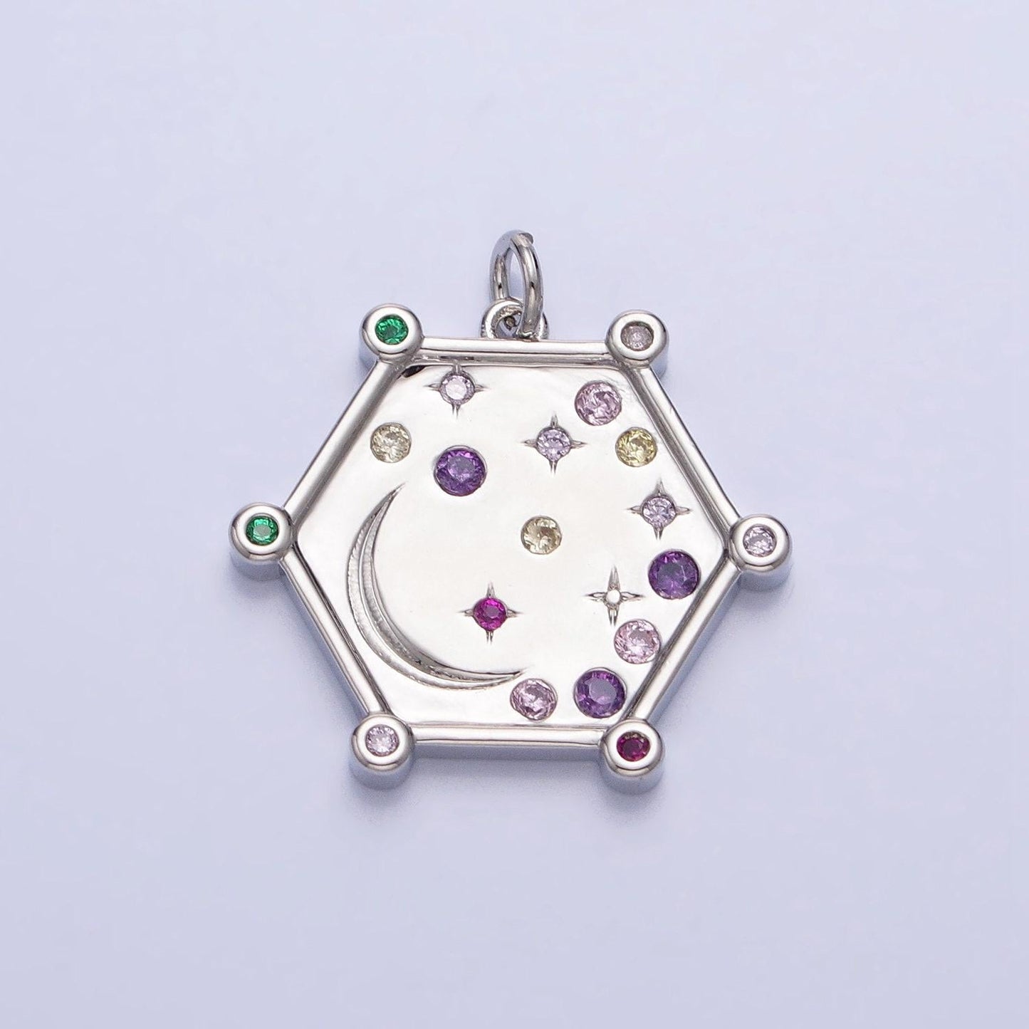 Gold, silver hexagonal celestial moon clear, pink, green, purple & yellow multicolor charm ac695 - ac696
