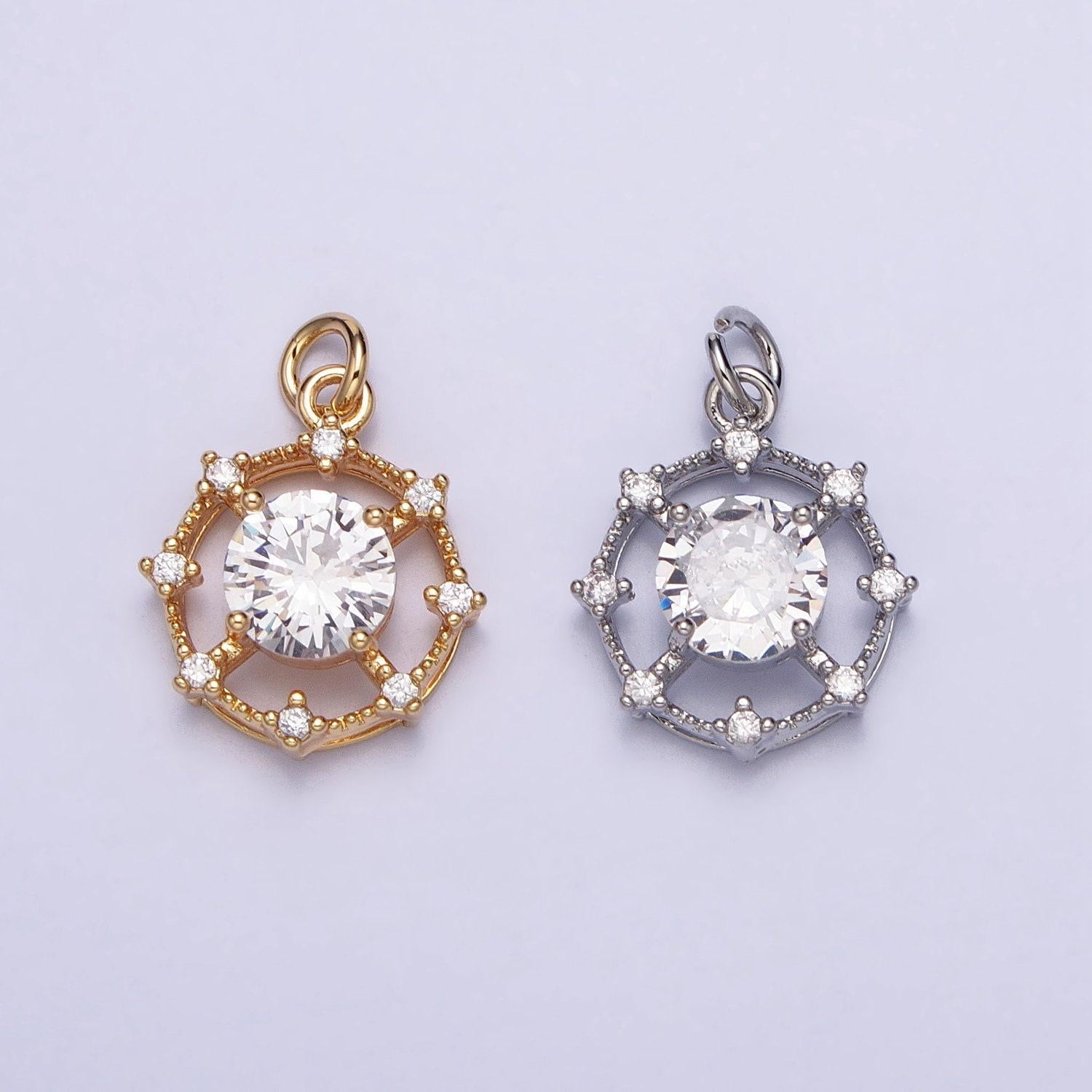 Gold, silver round solitaire clear cz stone wheel sun celestial geometric add-on charm | ac693 ac694