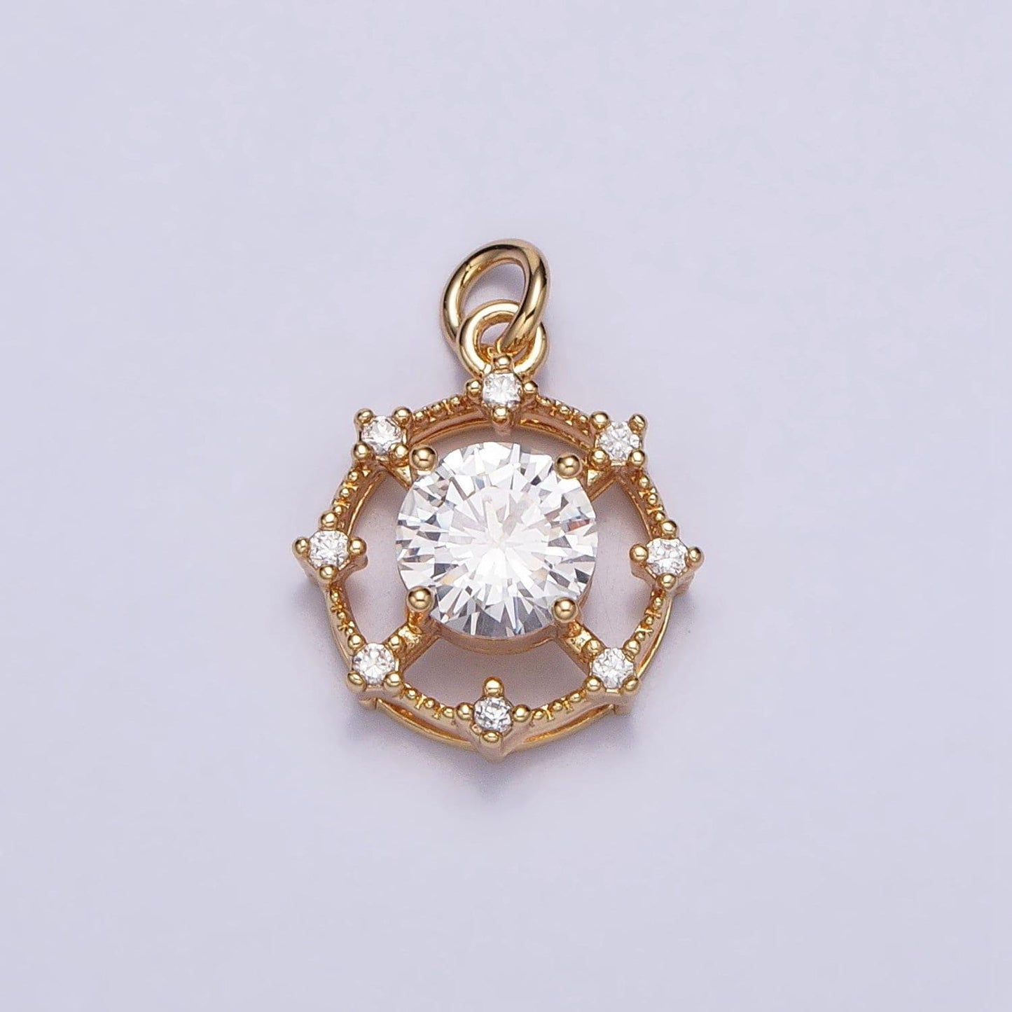 Gold, silver round solitaire clear cz stone wheel sun celestial geometric add-on charm | ac693 ac694