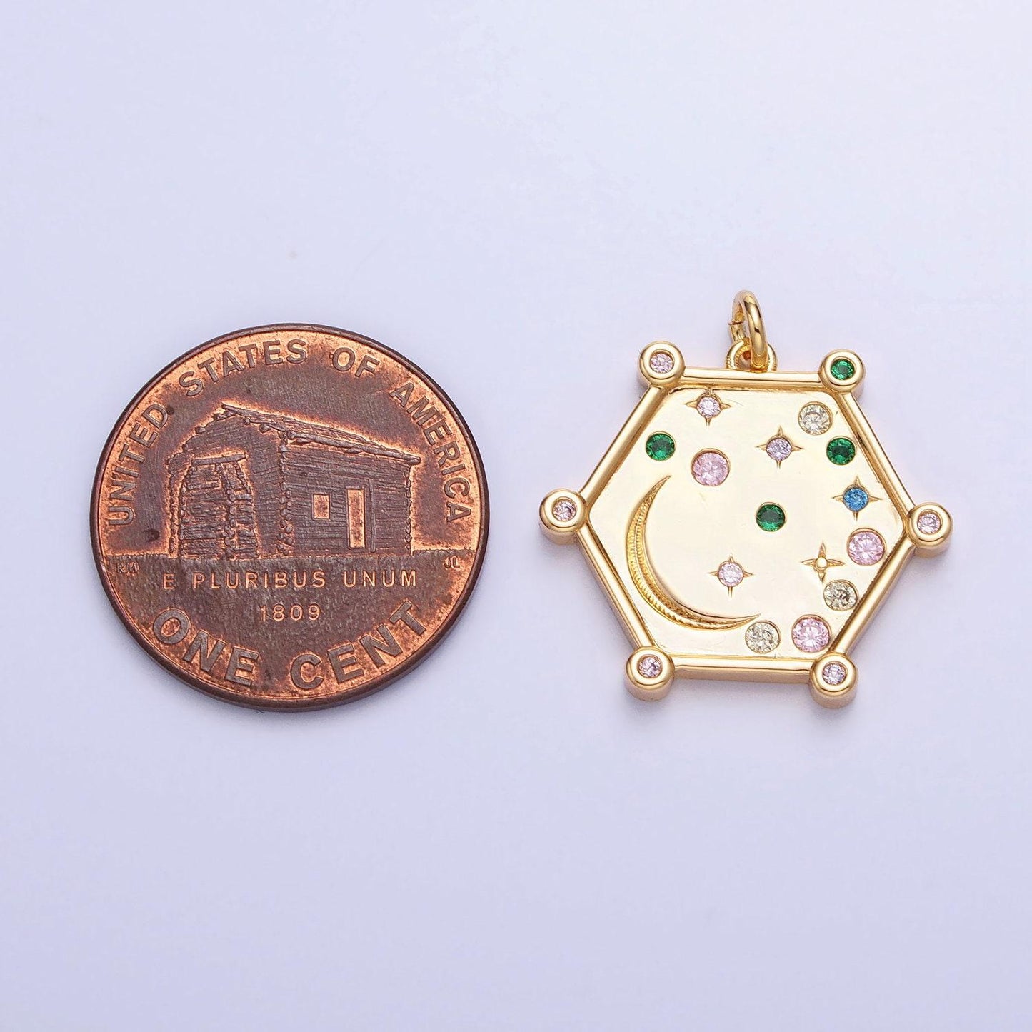 Gold, silver hexagonal celestial moon clear, pink, green, purple & yellow multicolor charm ac695 - ac696