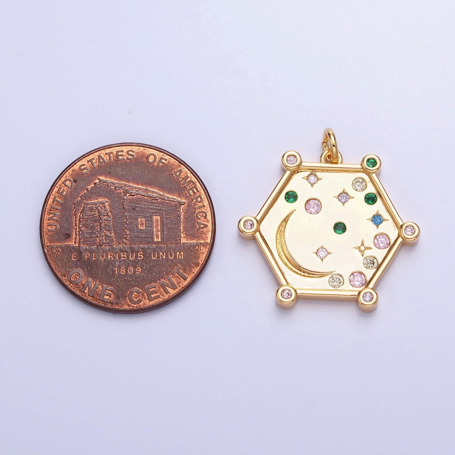 Gold, silver hexagonal celestial moon clear, pink, green, purple & yellow multicolor charm ac695 - ac696