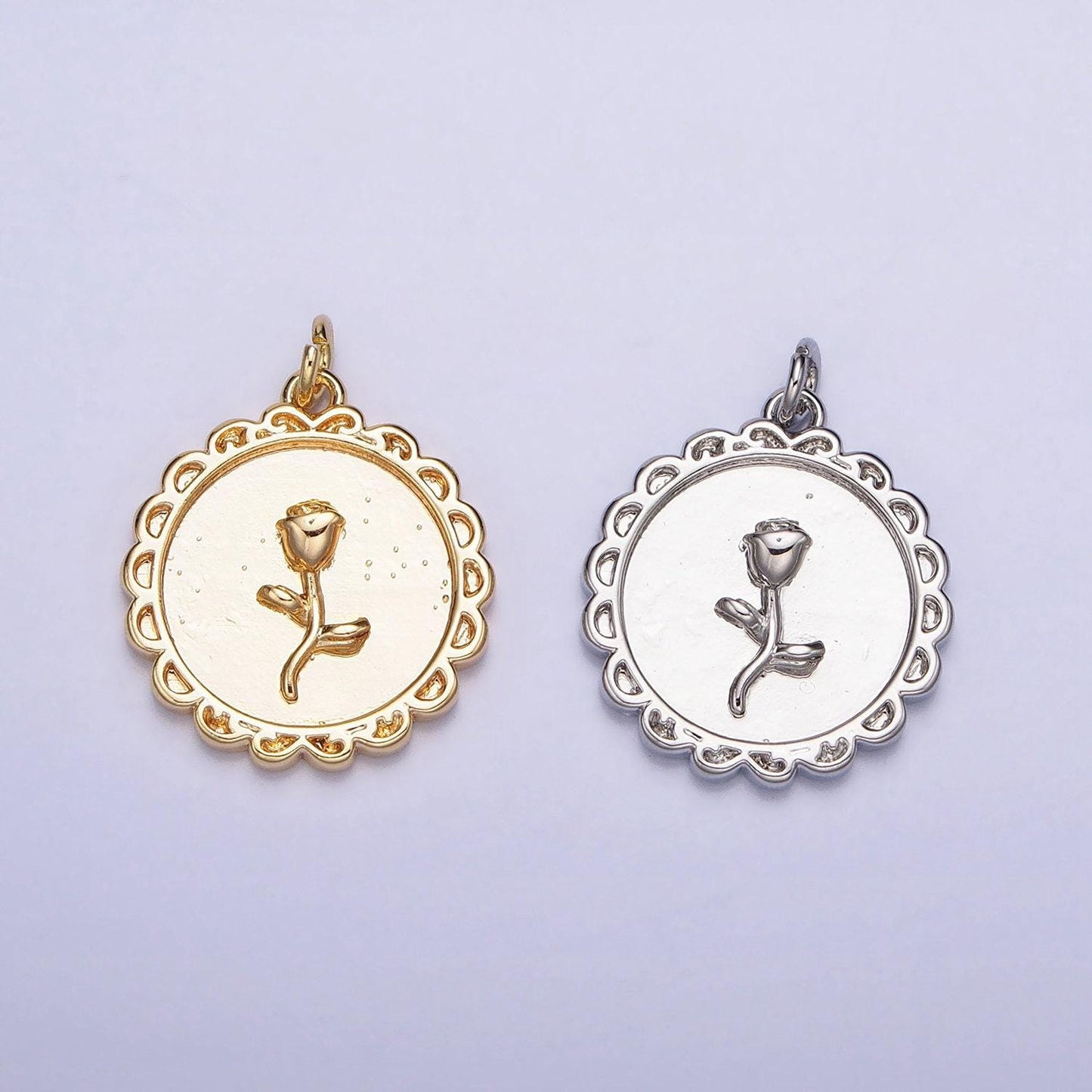 Mini gold rose charm in decorated circle round frame for add on charm belle flower charm ac687