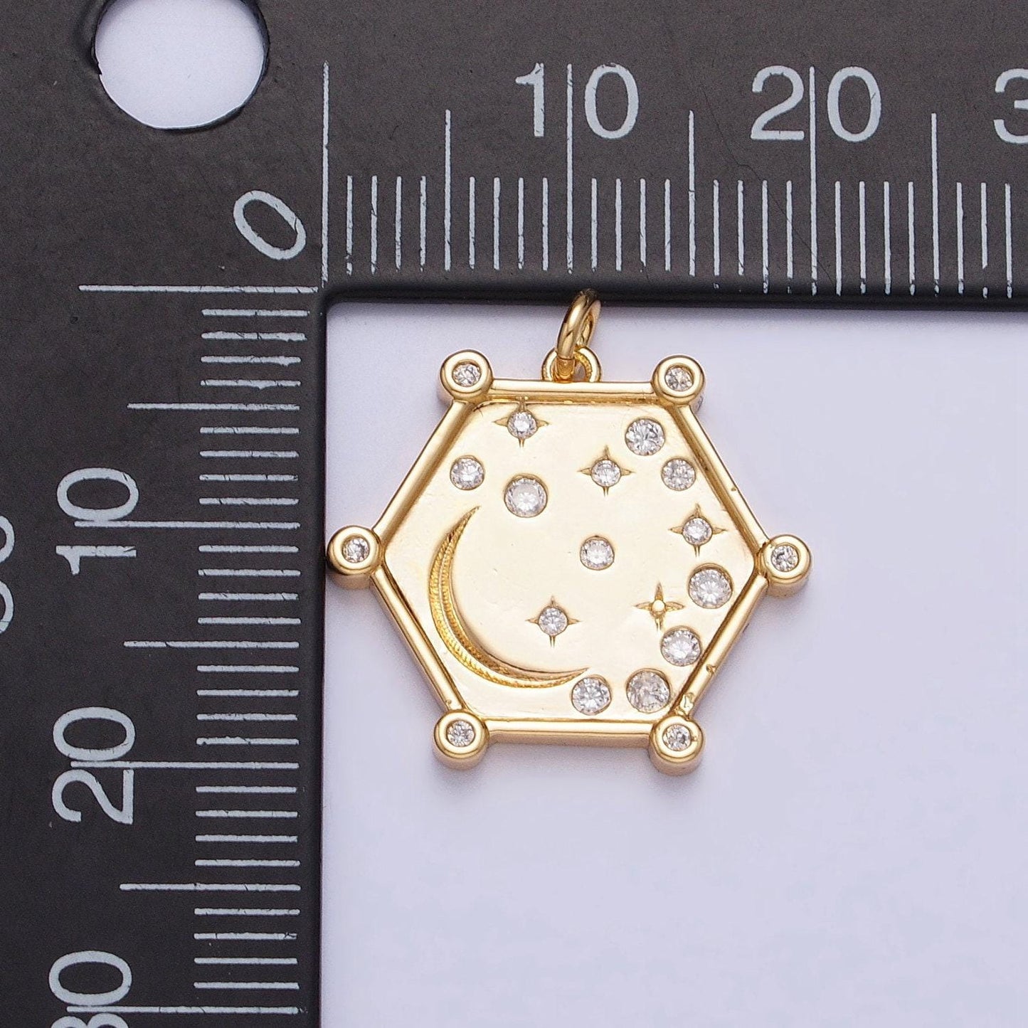 Gold, silver hexagonal celestial moon clear, pink, green, purple & yellow multicolor charm ac695 - ac696