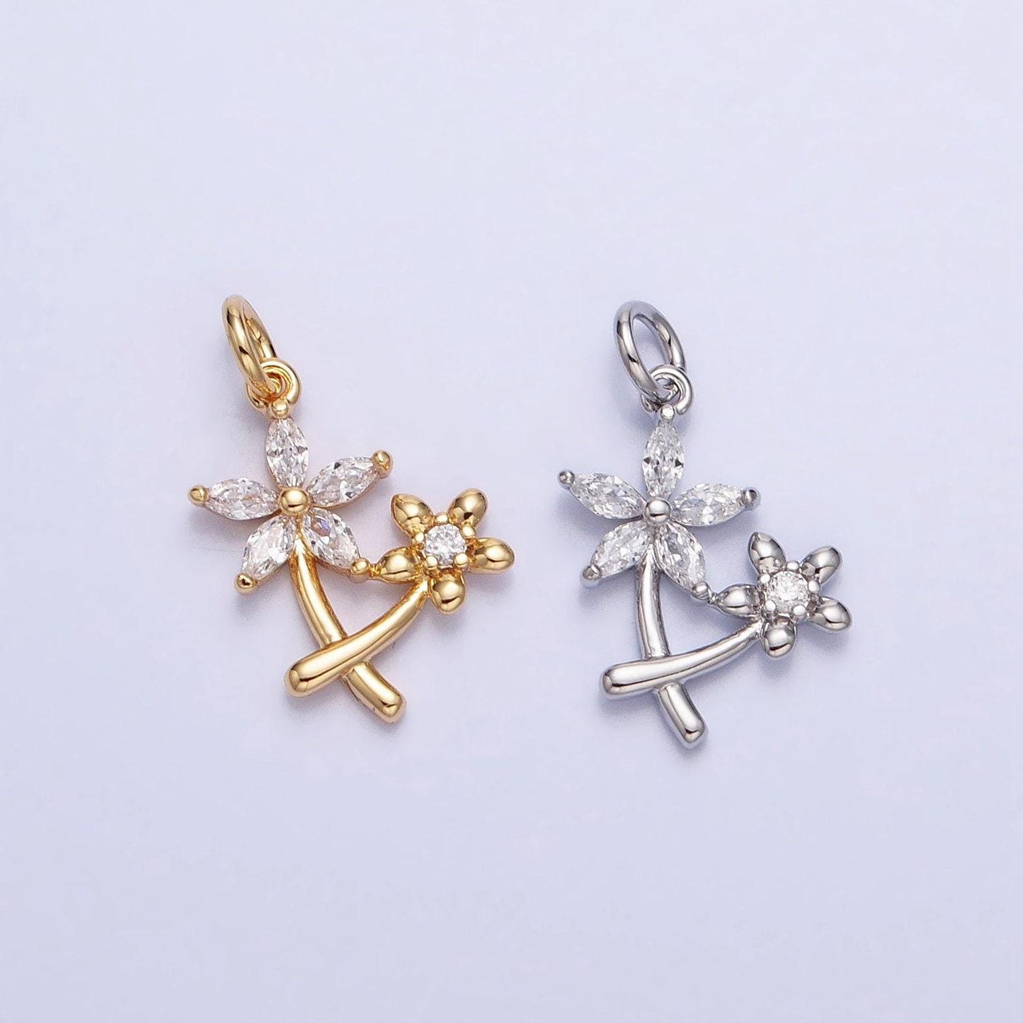 Gold, silver double daisy flower marquise cz nature add-on charm spring summer jewelry inspired | ac675 ac676