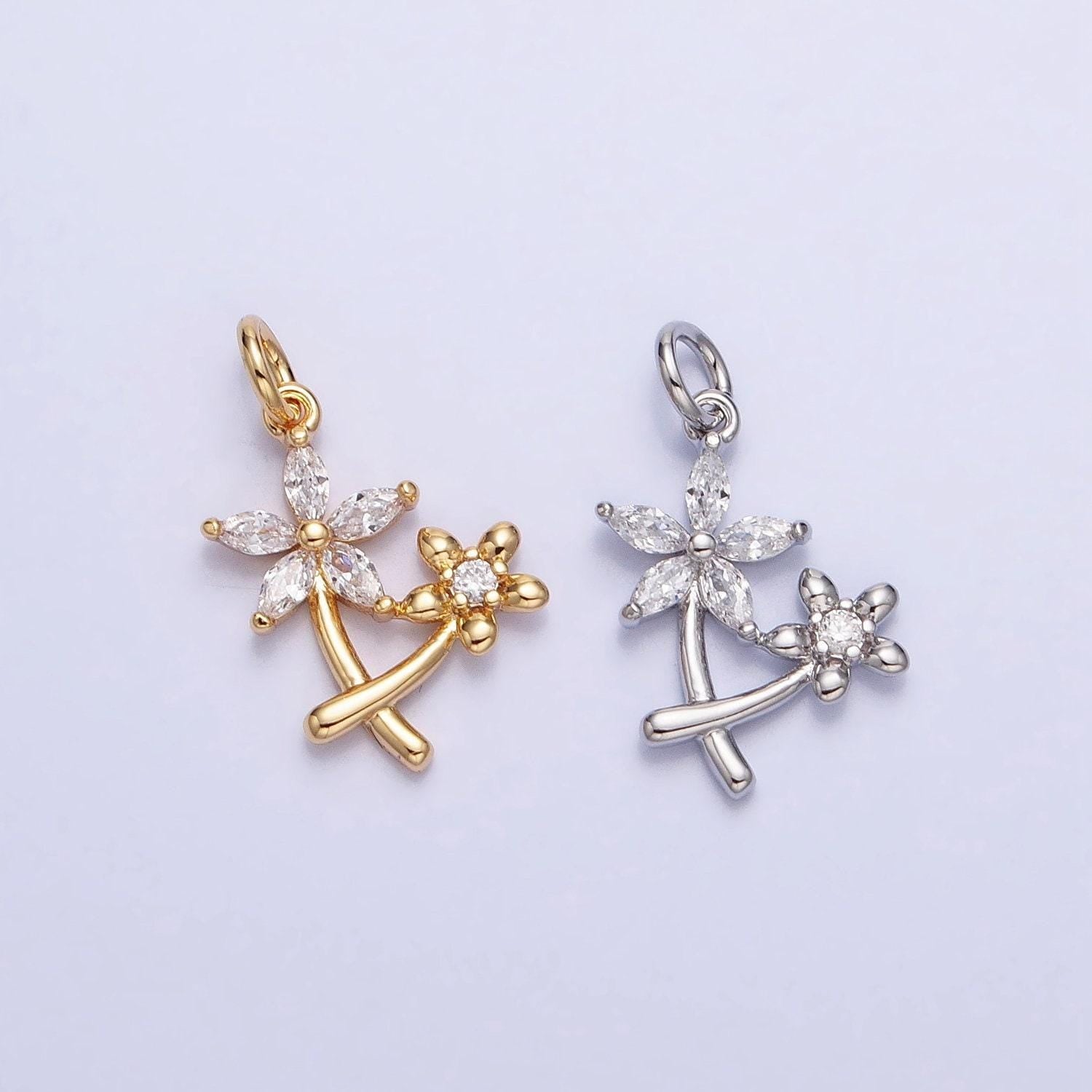 Gold, silver double daisy flower marquise cz nature add-on charm spring summer jewelry inspired | ac675 ac676