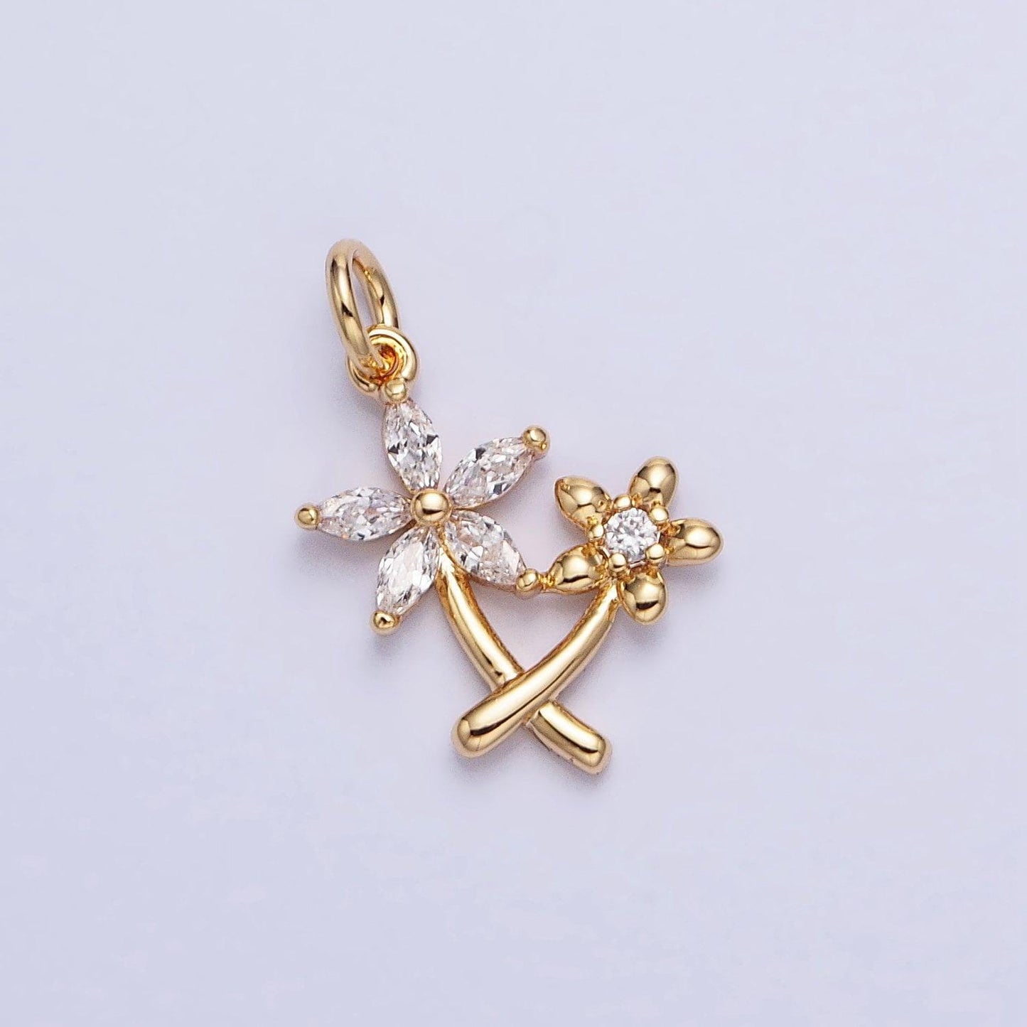 Gold, silver double daisy flower marquise cz nature add-on charm spring summer jewelry inspired | ac675 ac676