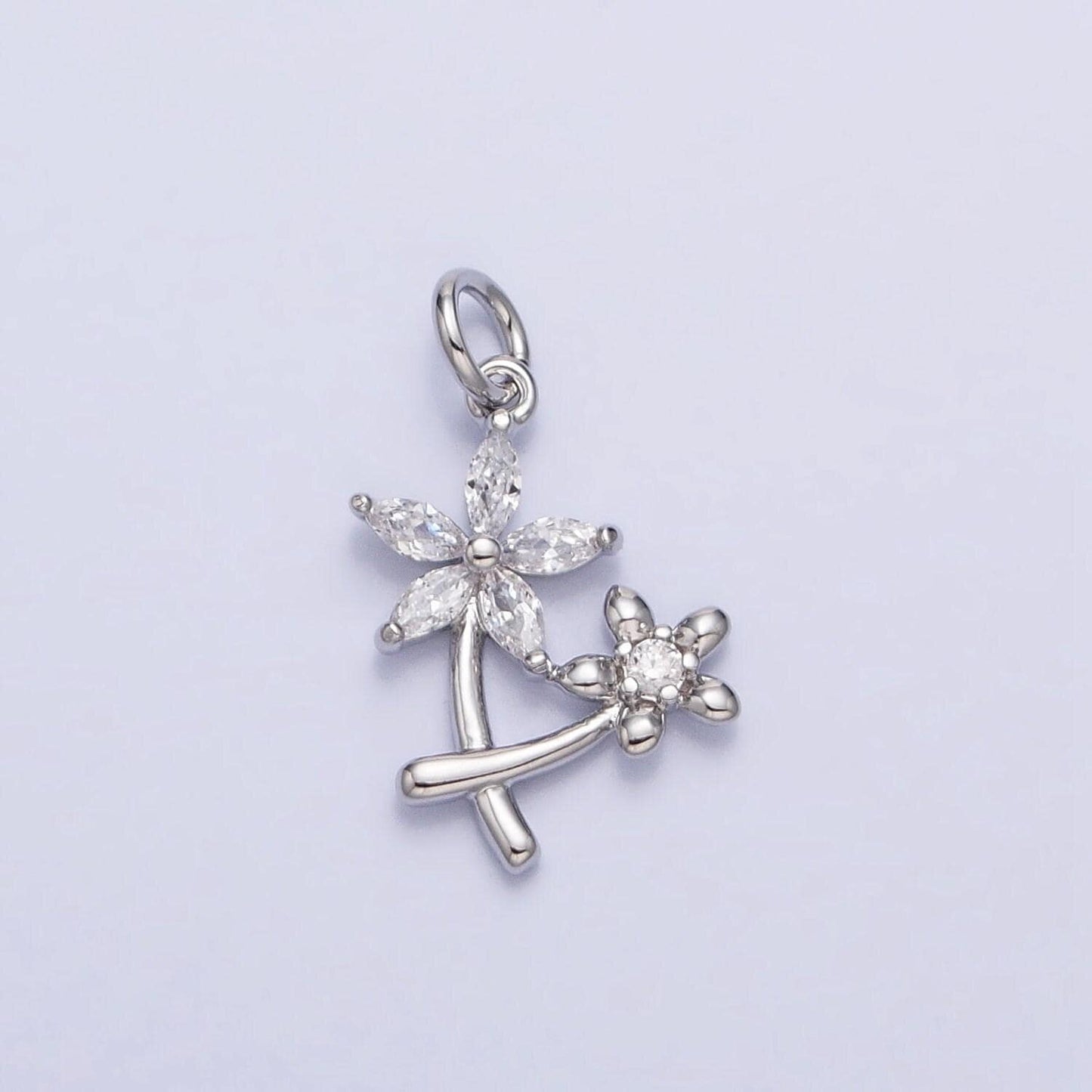 Gold, silver double daisy flower marquise cz nature add-on charm spring summer jewelry inspired | ac675 ac676