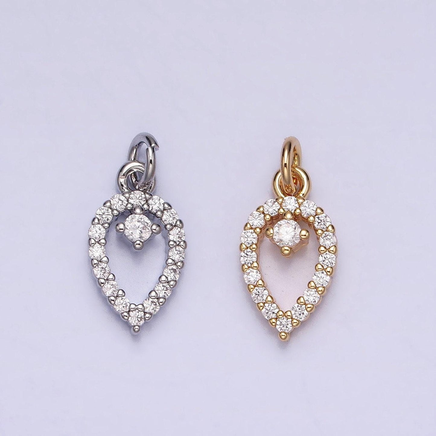 Dainty clear micro paved cz teardrop mini open add-on charm in gold & silver rain drop tear drop geometric charm | ac639 ac640