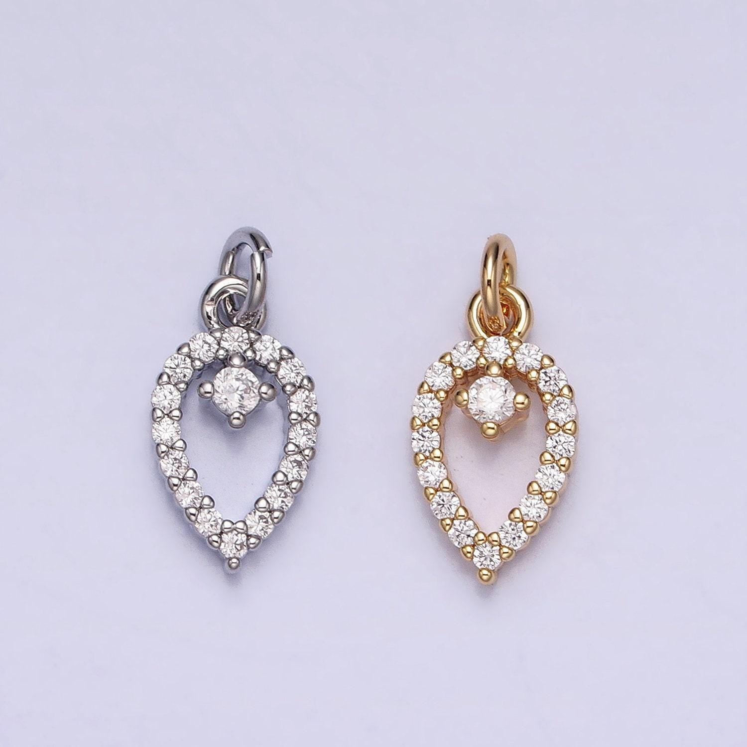 Dainty clear micro paved cz teardrop mini open add-on charm in gold & silver rain drop tear drop geometric charm | ac639 ac640