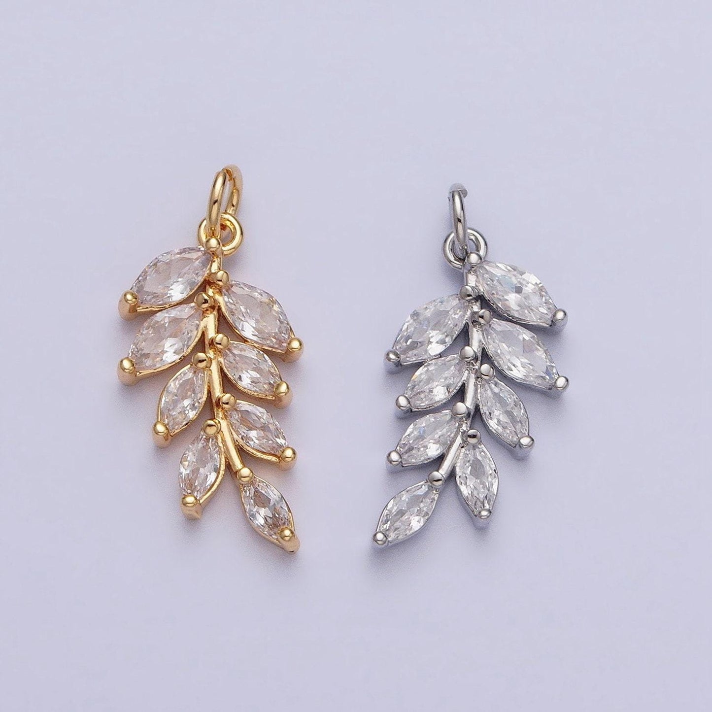 Mini marquise cz gold plated olive branch leaf charm, earring supplies, necklace, bracelet, jewelry pendant charms ac-606