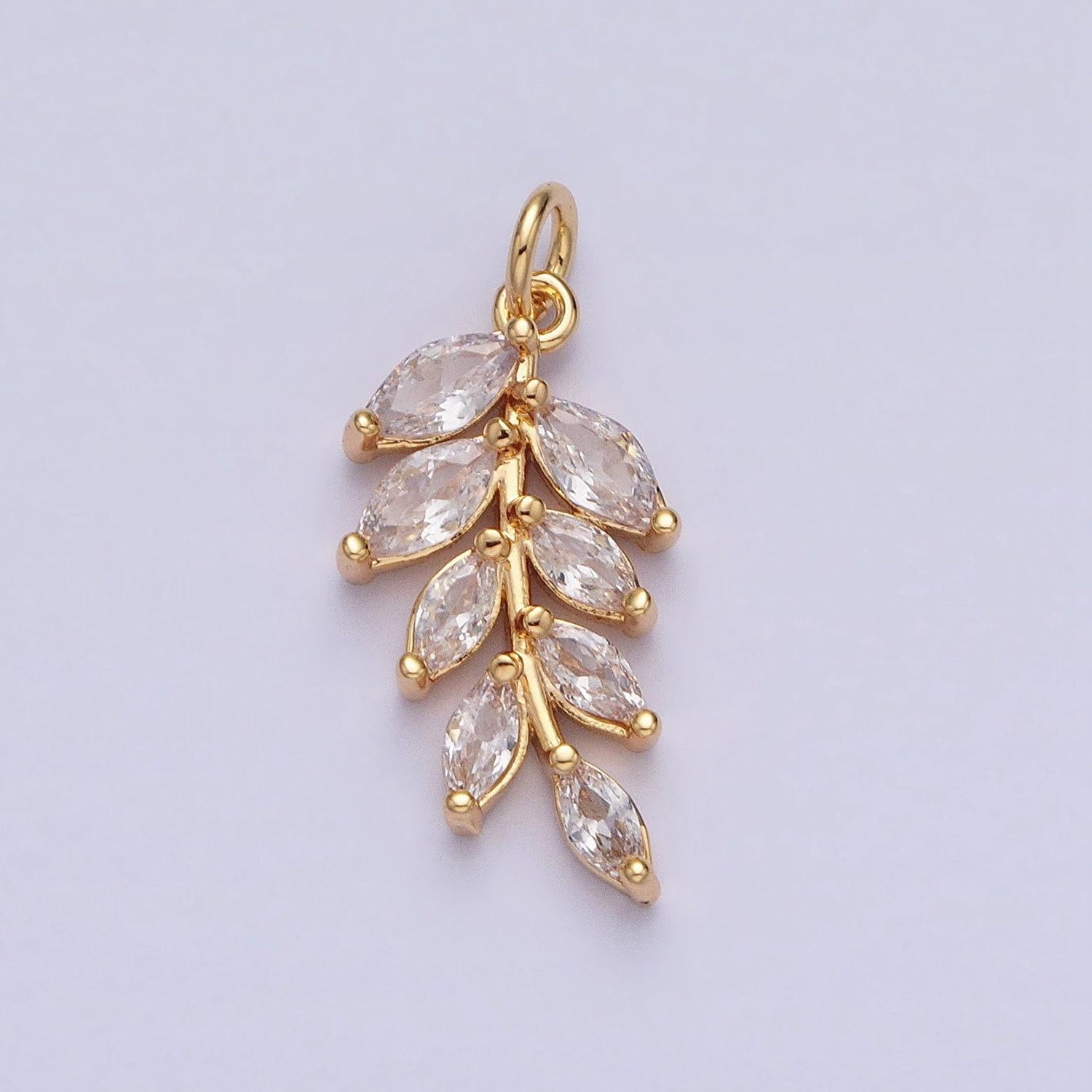 Mini marquise cz gold plated olive branch leaf charm, earring supplies, necklace, bracelet, jewelry pendant charms ac-606