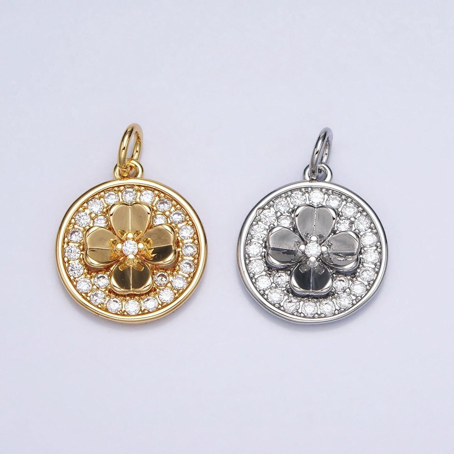 Cubic lucky charm gold, silver clover quatrefoil micro paved cz round coin charm | ac607 ac608