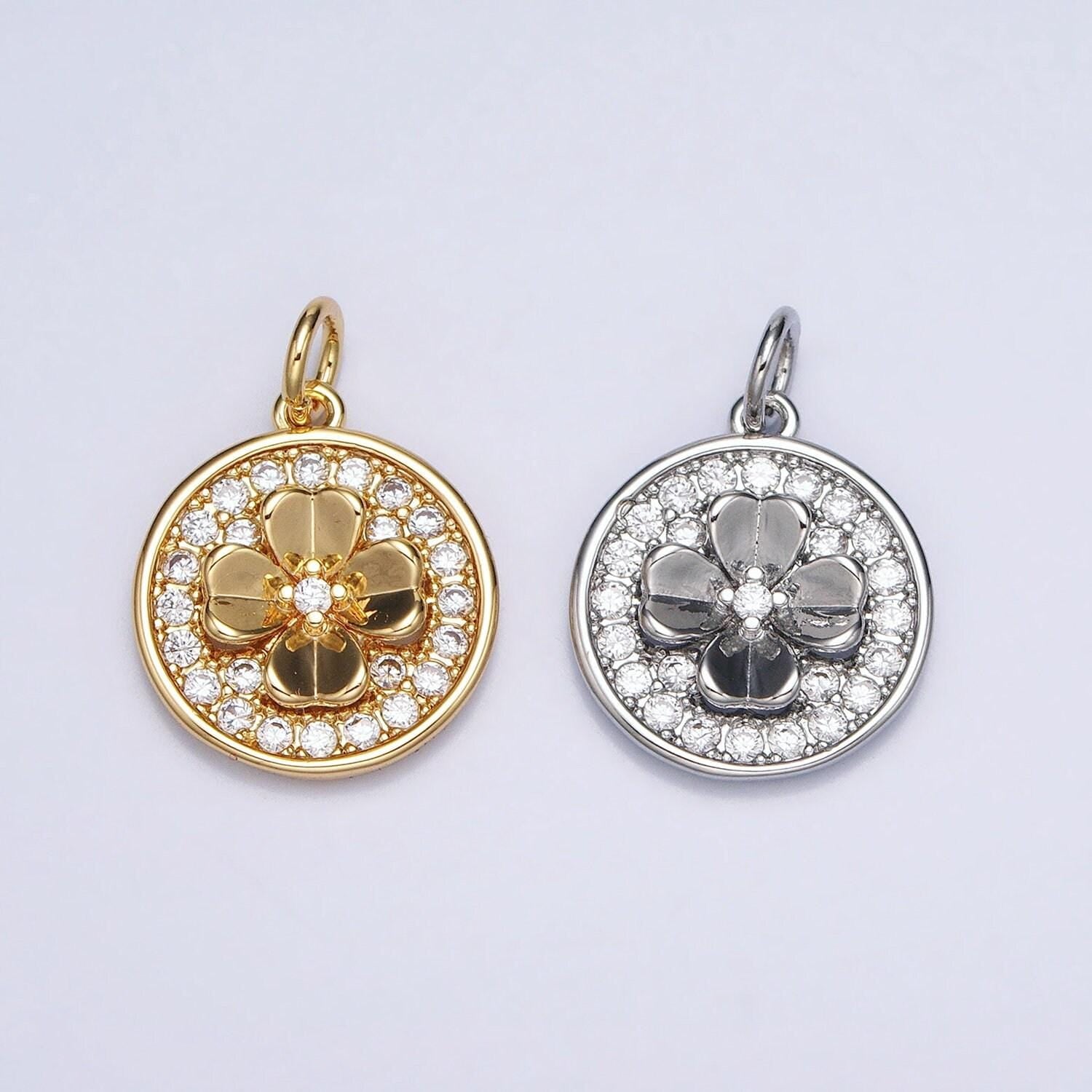 Cubic lucky charm gold, silver clover quatrefoil micro paved cz round coin charm | ac607 ac608
