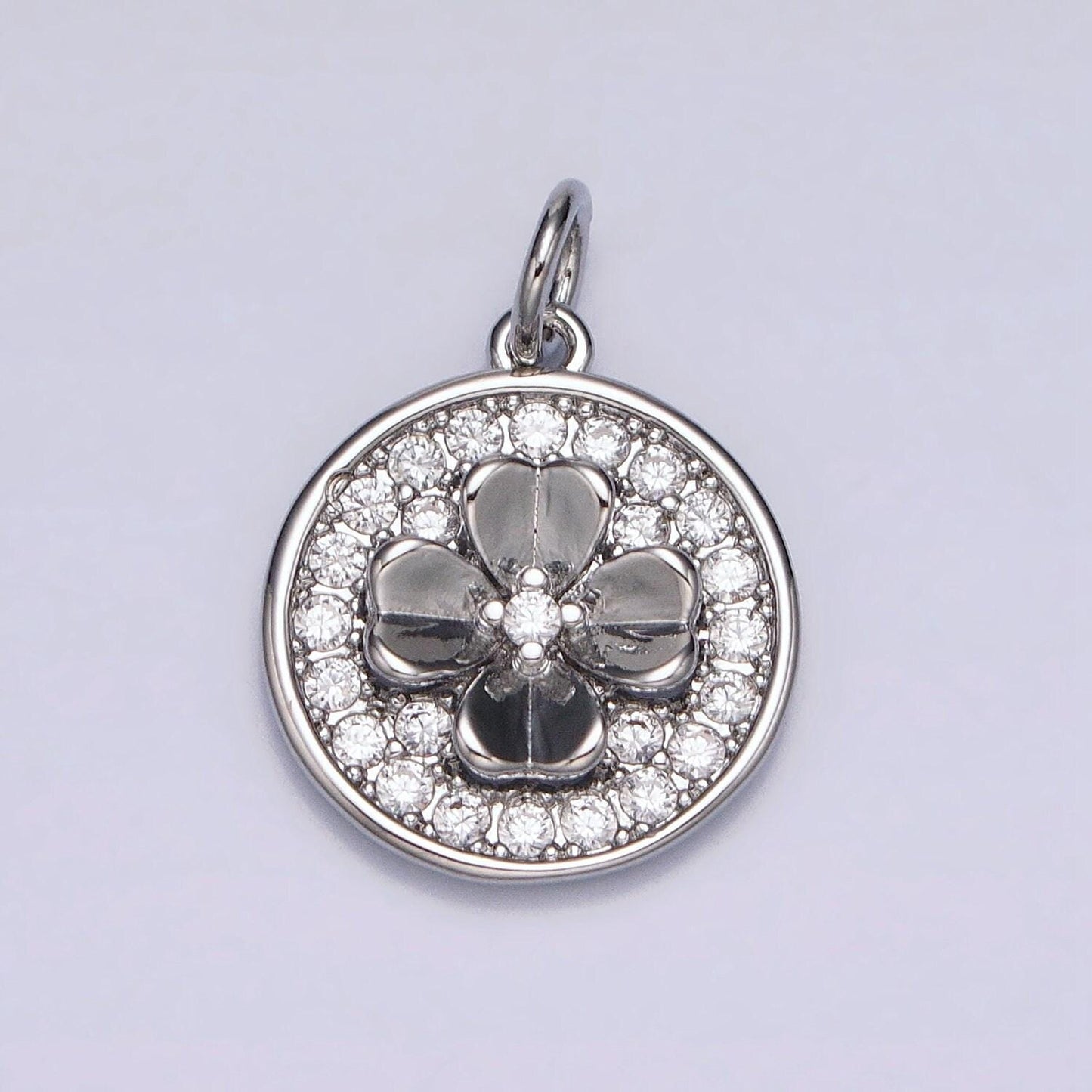 Cubic lucky charm gold, silver clover quatrefoil micro paved cz round coin charm | ac607 ac608
