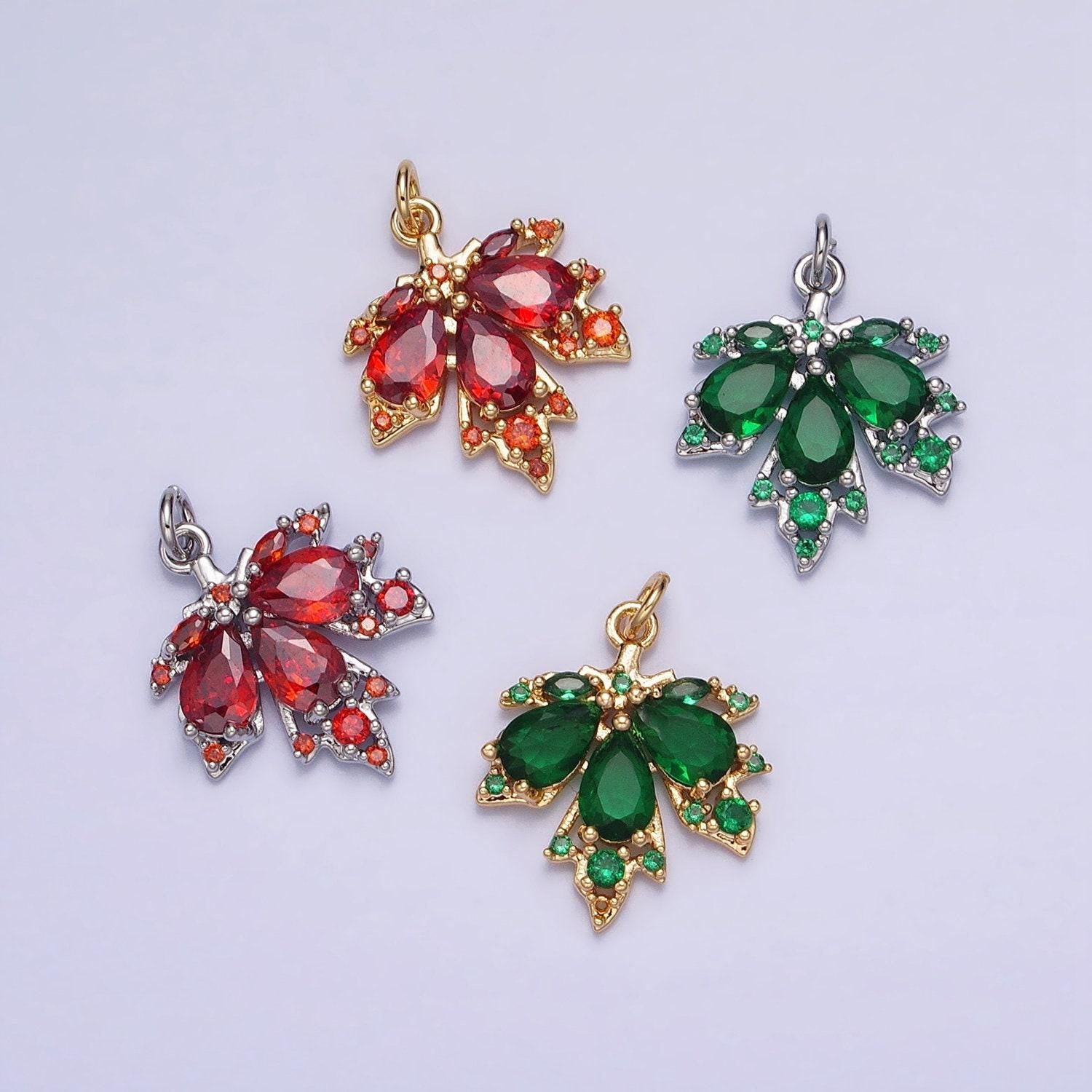 Red green cubic silver gold maple leaf pendant, minimalistic 16k gold filled autumn fall winter leaf maple leaves charm | ac600