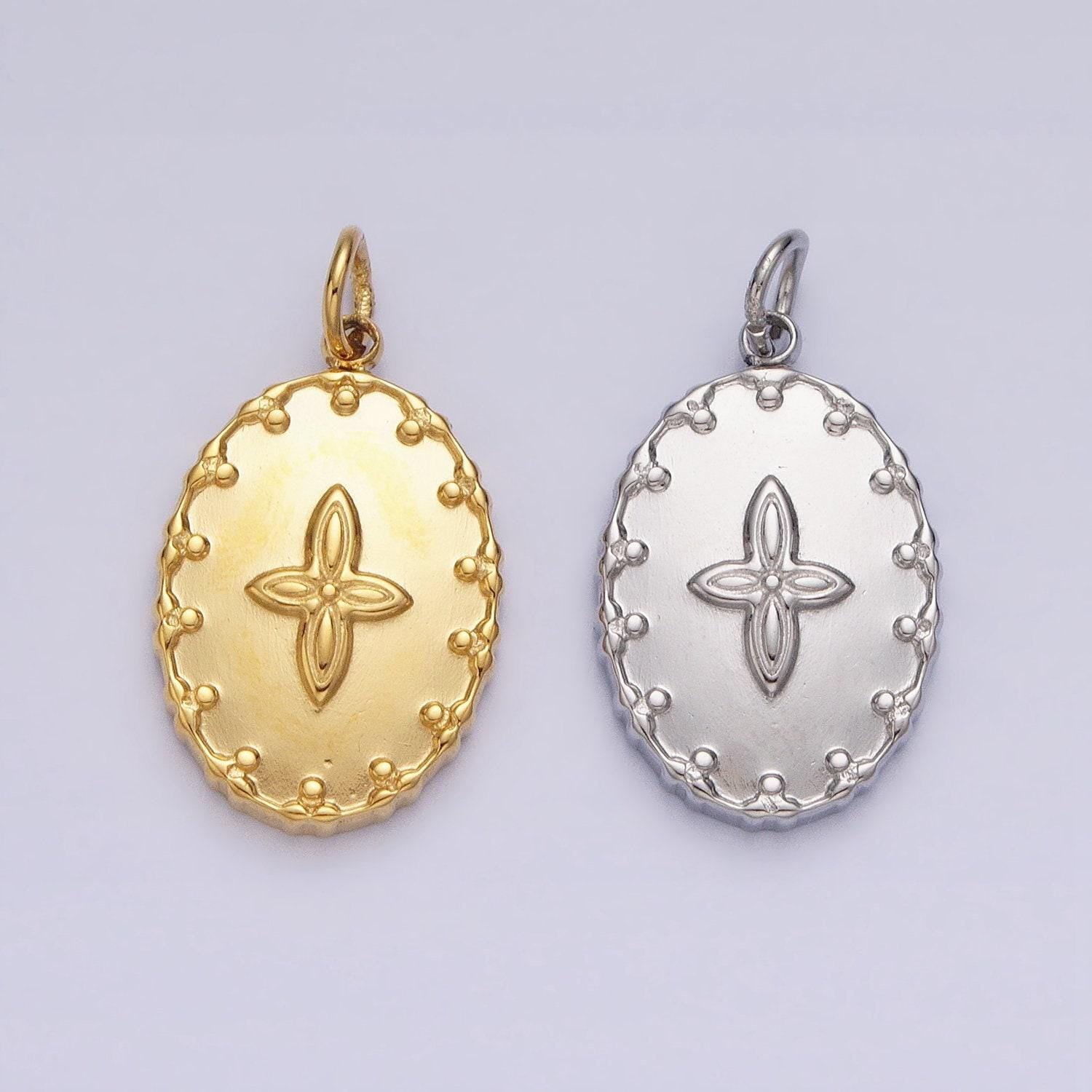 Gold filled four-leaf petal flower artisan oval add-on charm in gold & silver | ac595 ac596