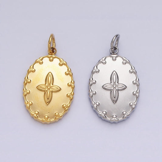 Gold filled four-leaf petal flower artisan oval add-on charm in gold & silver | ac595 ac596