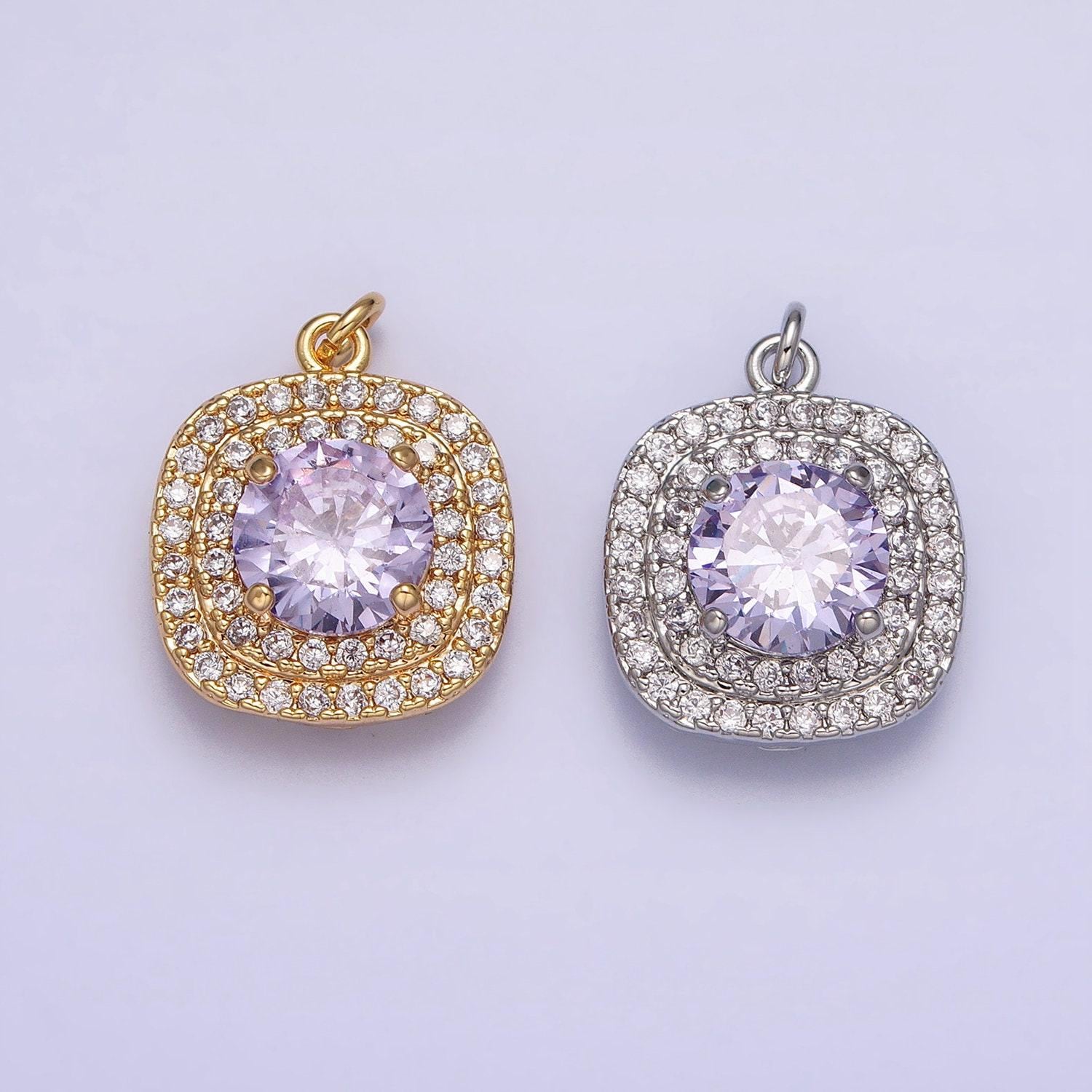 Mini gold lavender oval square charm with micro pave cz stone geometric pendant ac502 ac503