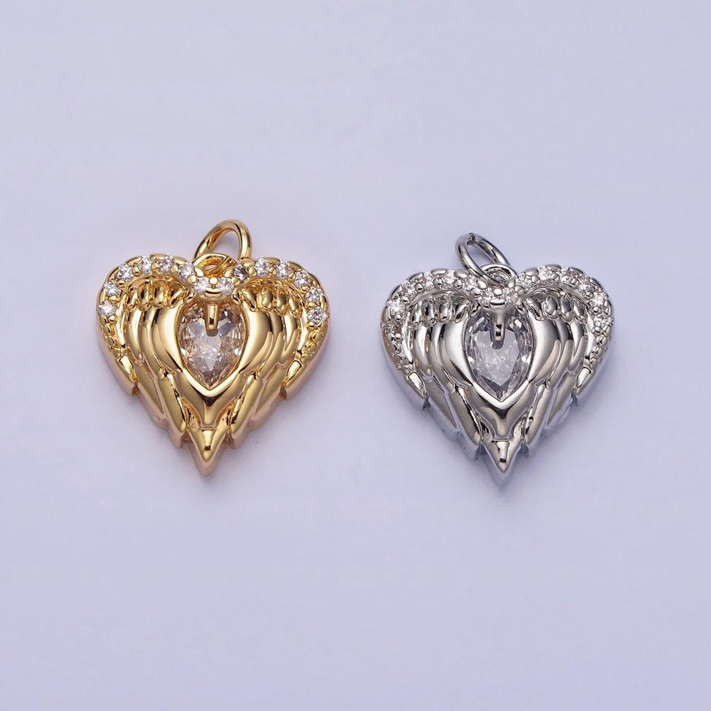 Mini gold angel wing charm with cz oval stone heart guardian angel pendant ac494 ac495