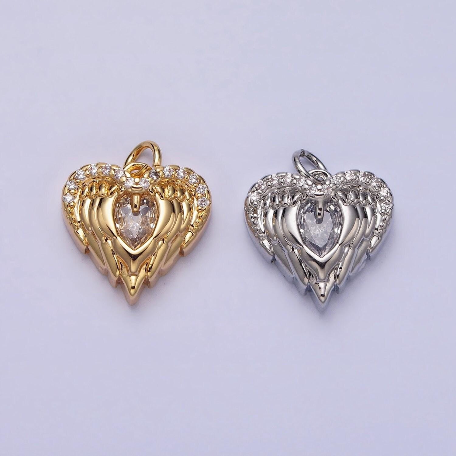 Mini gold angel wing charm with cz oval stone heart guardian angel pendant ac494 ac495