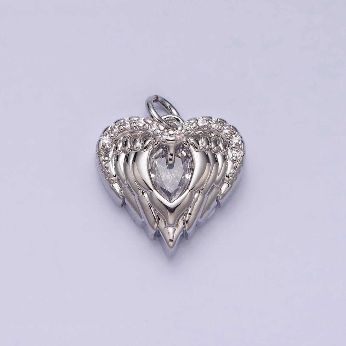 Mini gold angel wing charm with cz oval stone heart guardian angel pendant ac494 ac495