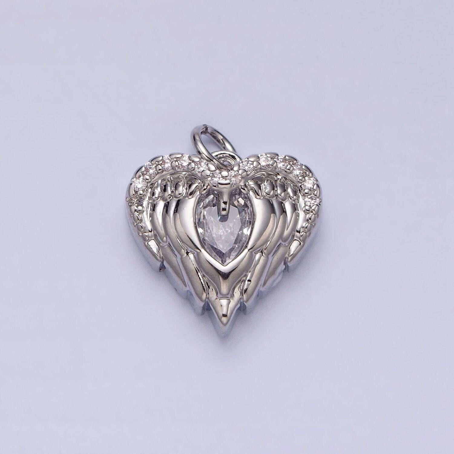 Mini gold angel wing charm with cz oval stone heart guardian angel pendant ac494 ac495