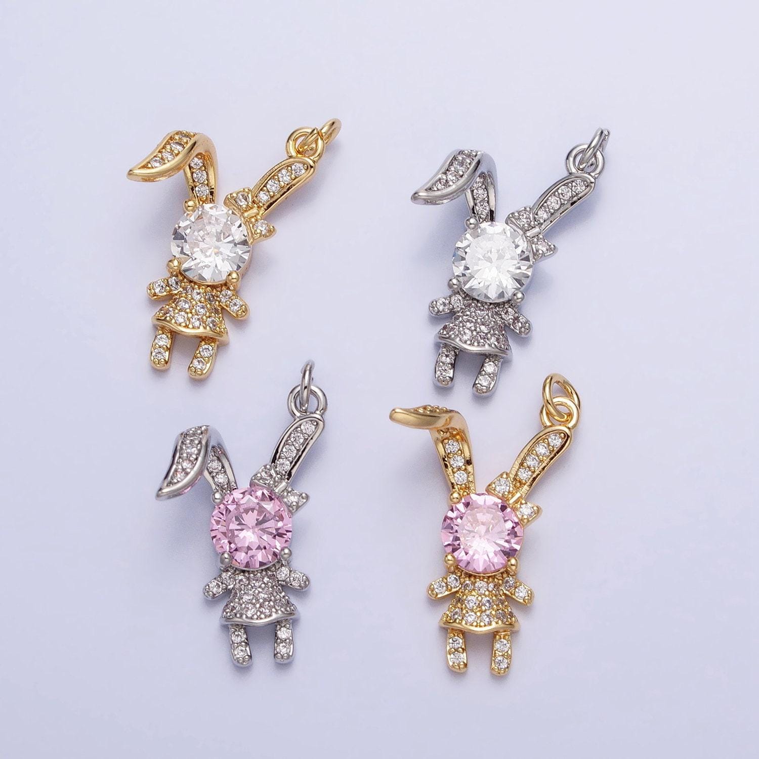 Cute rabbit charm gold cubic bunny charm clear pink cz kawaii jewelry pendants necklace bracelet charm e333