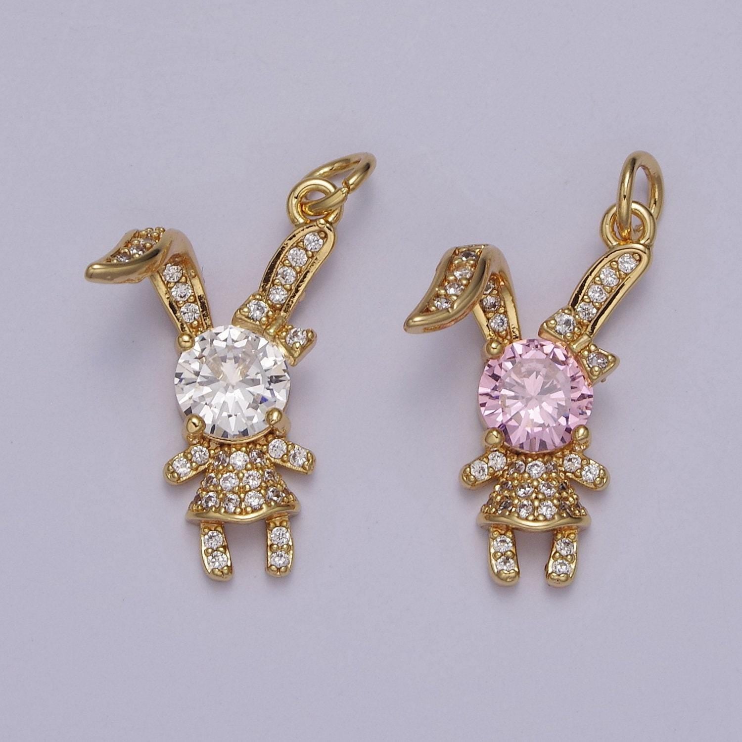Cute rabbit charm gold cubic bunny charm clear pink cz kawaii jewelry pendants necklace bracelet charm e333