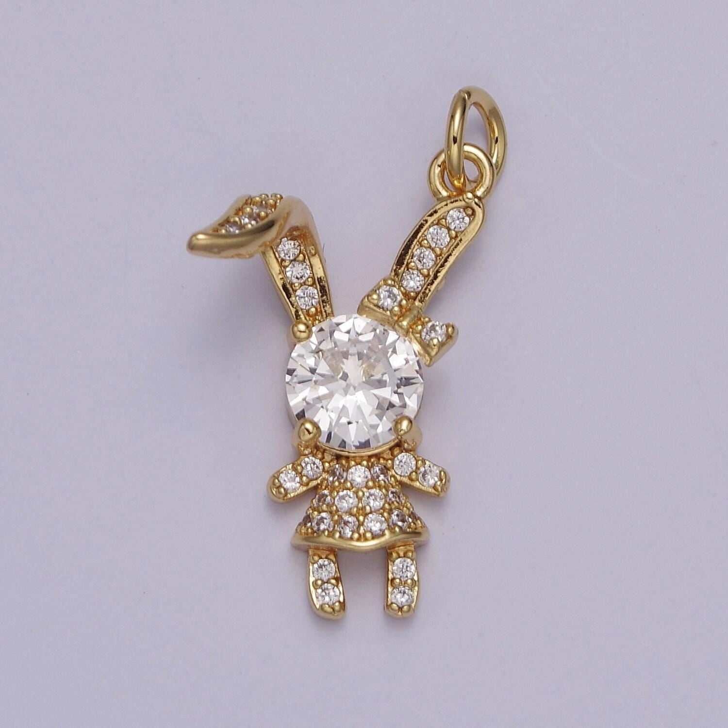 Cute rabbit charm gold cubic bunny charm clear pink cz kawaii jewelry pendants necklace bracelet charm e333