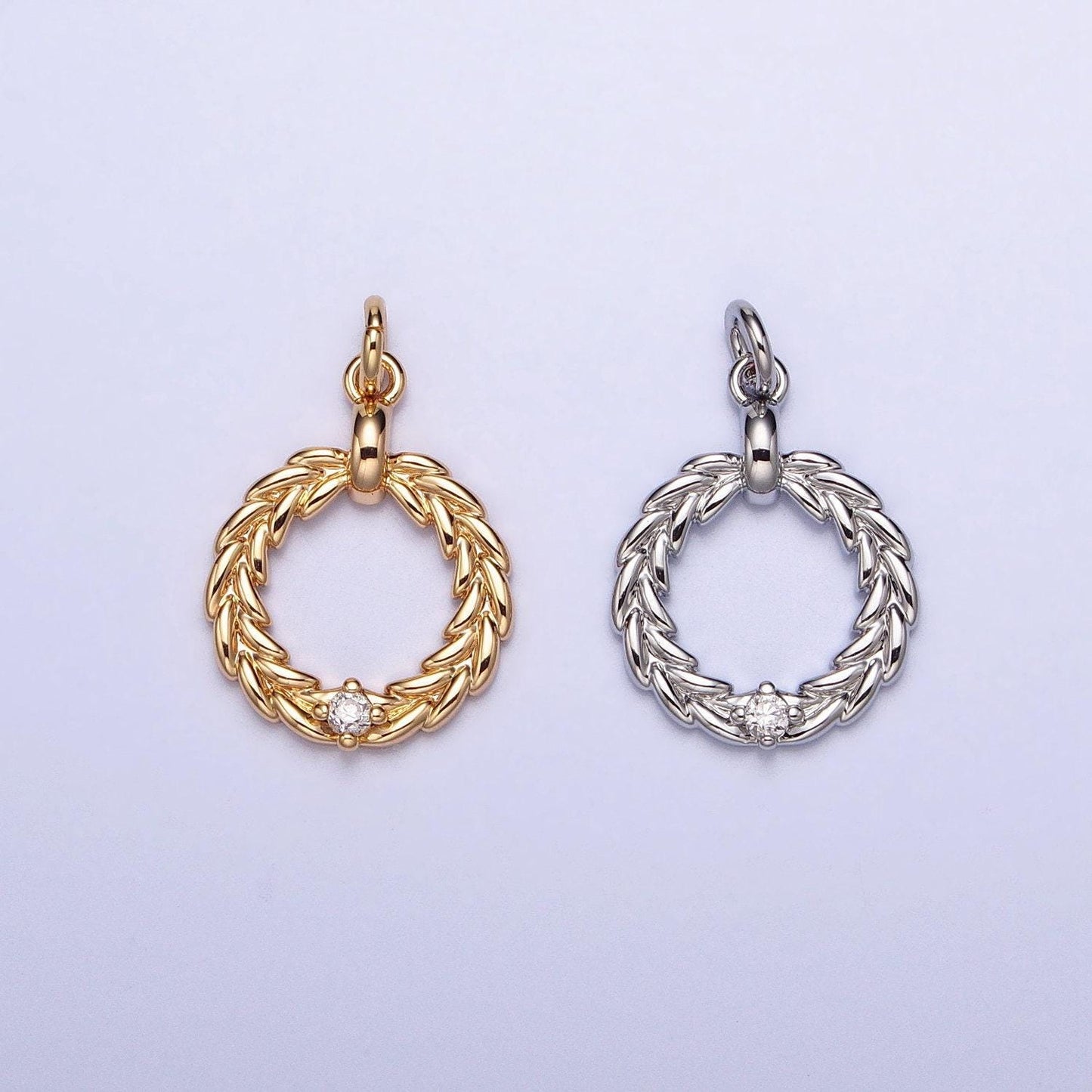 Mini round laurel crown pendant cz gold plated olive branch wreath charms ac395