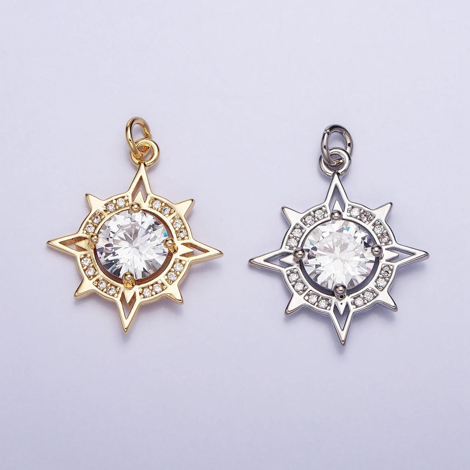 Gold, silver compass celestial sun round clear cz charm sun burst pendant for necklace bracelet component | ac385 ac386