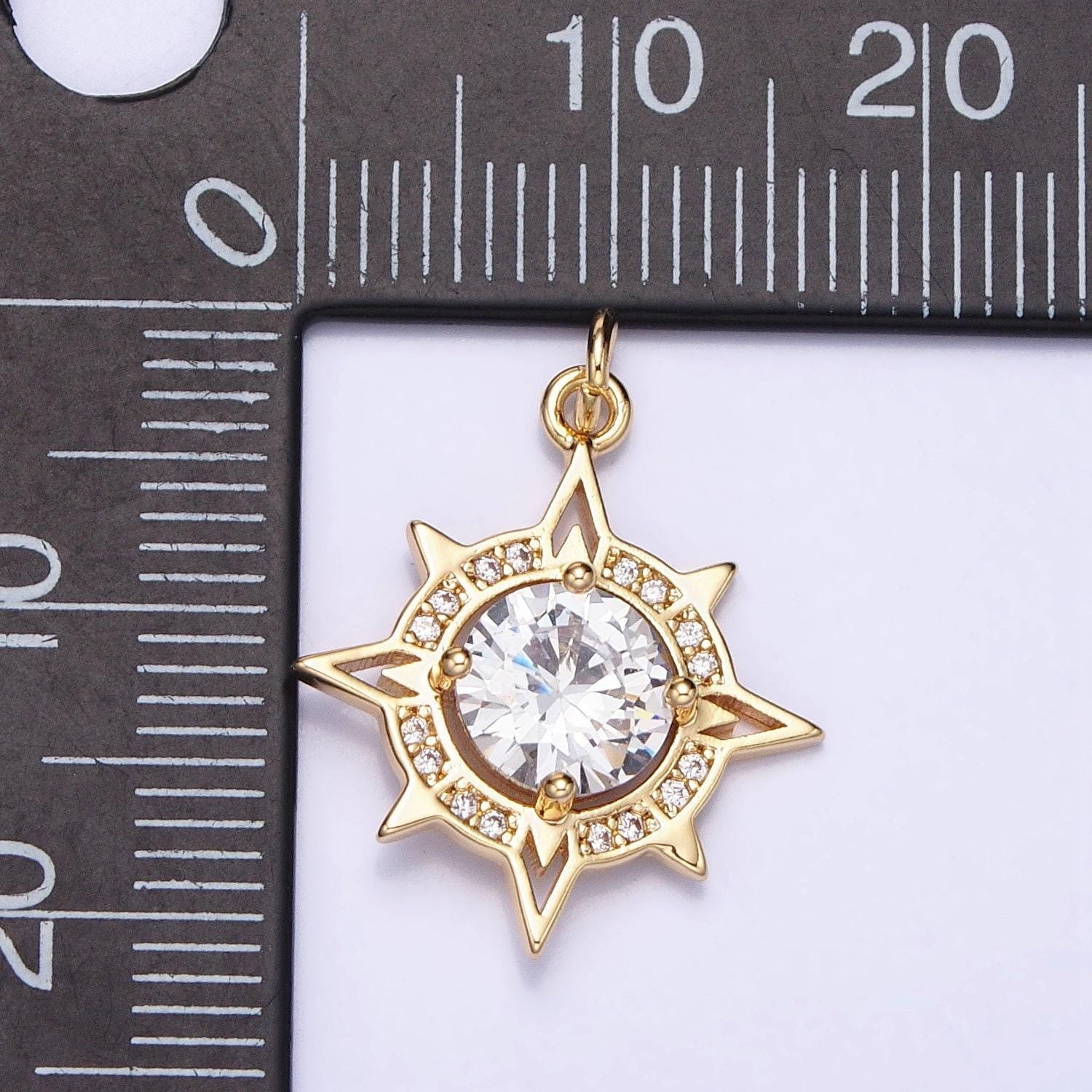 Gold, silver compass celestial sun round clear cz charm sun burst pendant for necklace bracelet component | ac385 ac386
