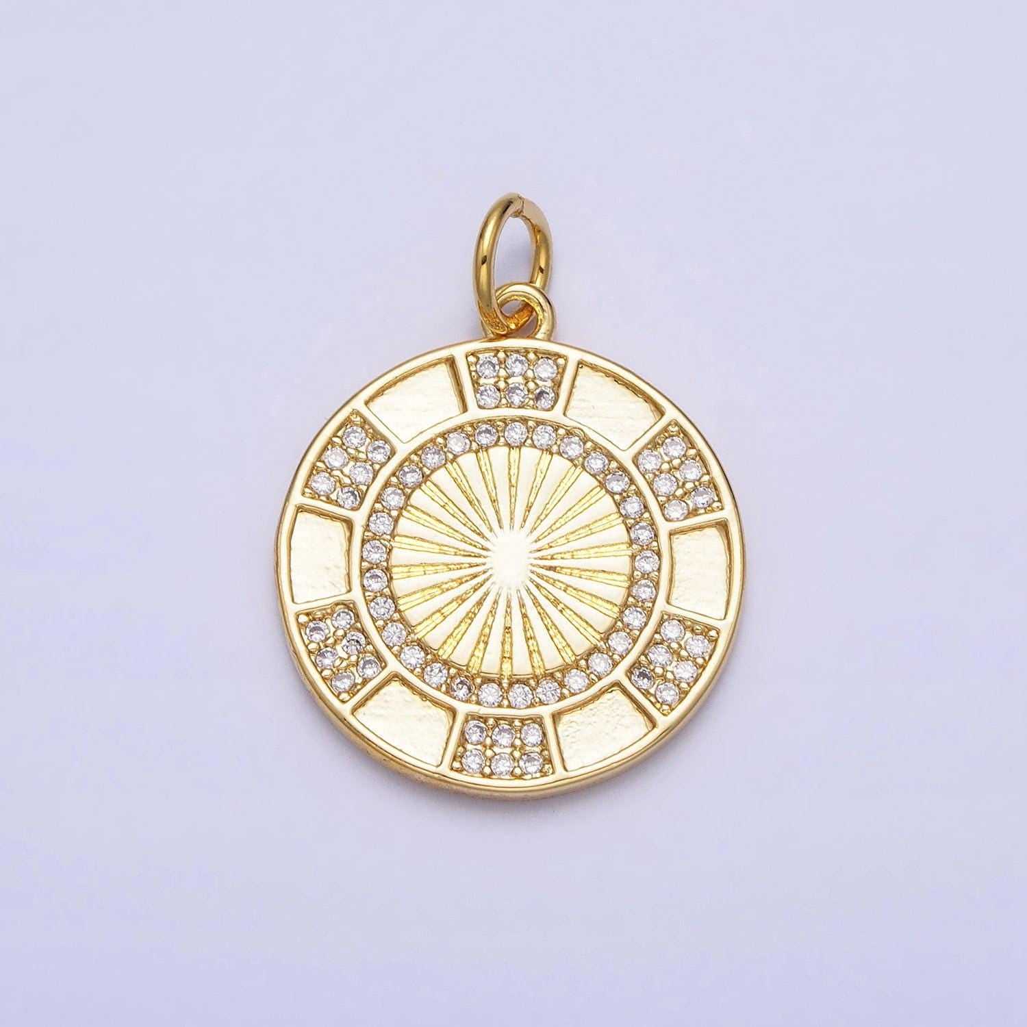 24k gold filled clear micro paved cz round sunburst medallion charm | ac369