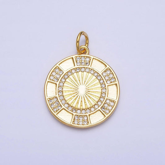 24k gold filled clear micro paved cz round sunburst medallion charm | ac369