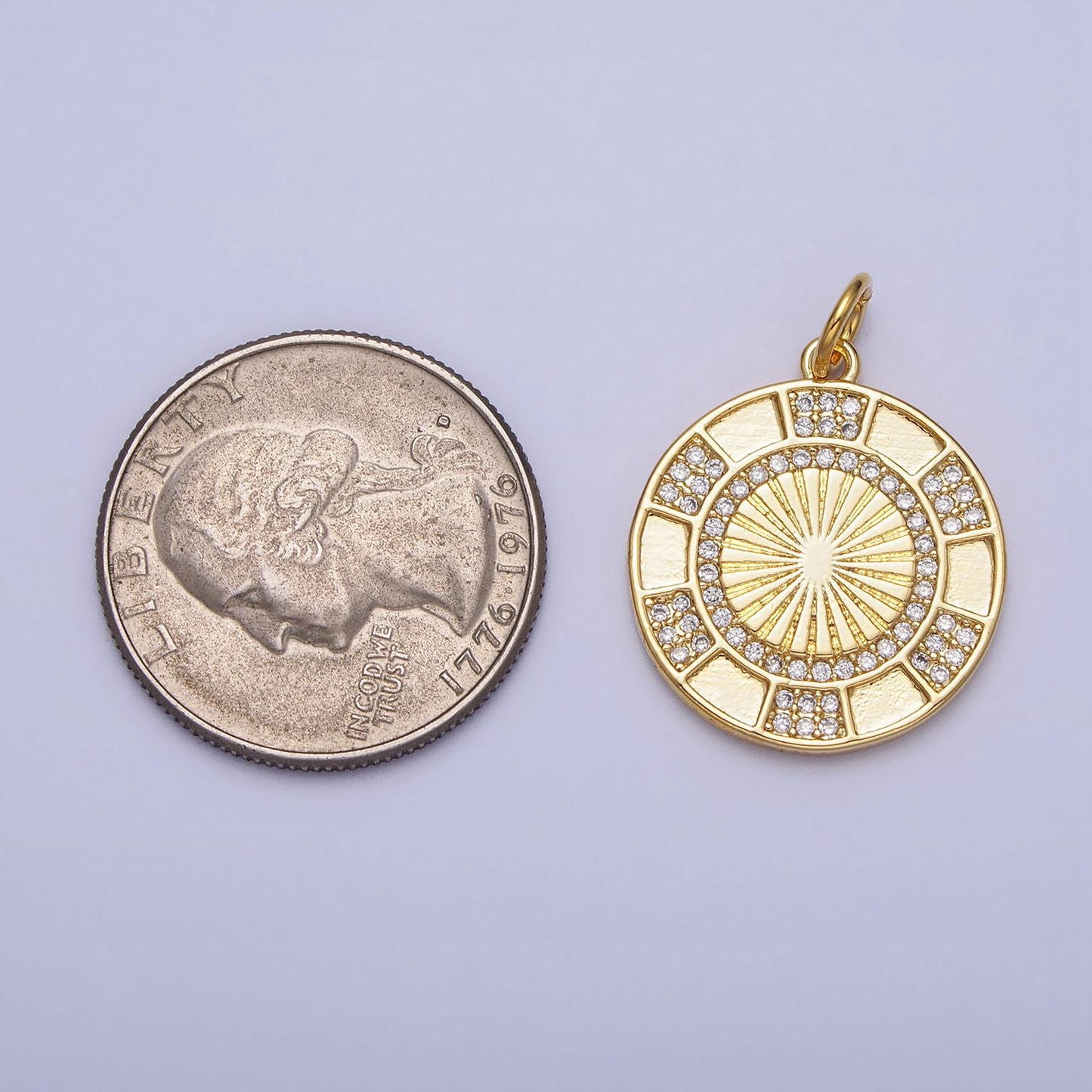 24k gold filled clear micro paved cz round sunburst medallion charm | ac369