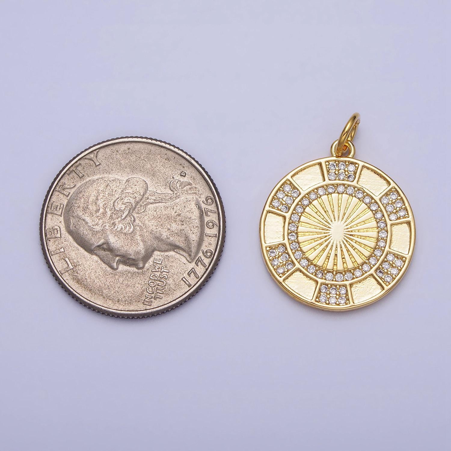 24k gold filled clear micro paved cz round sunburst medallion charm | ac369