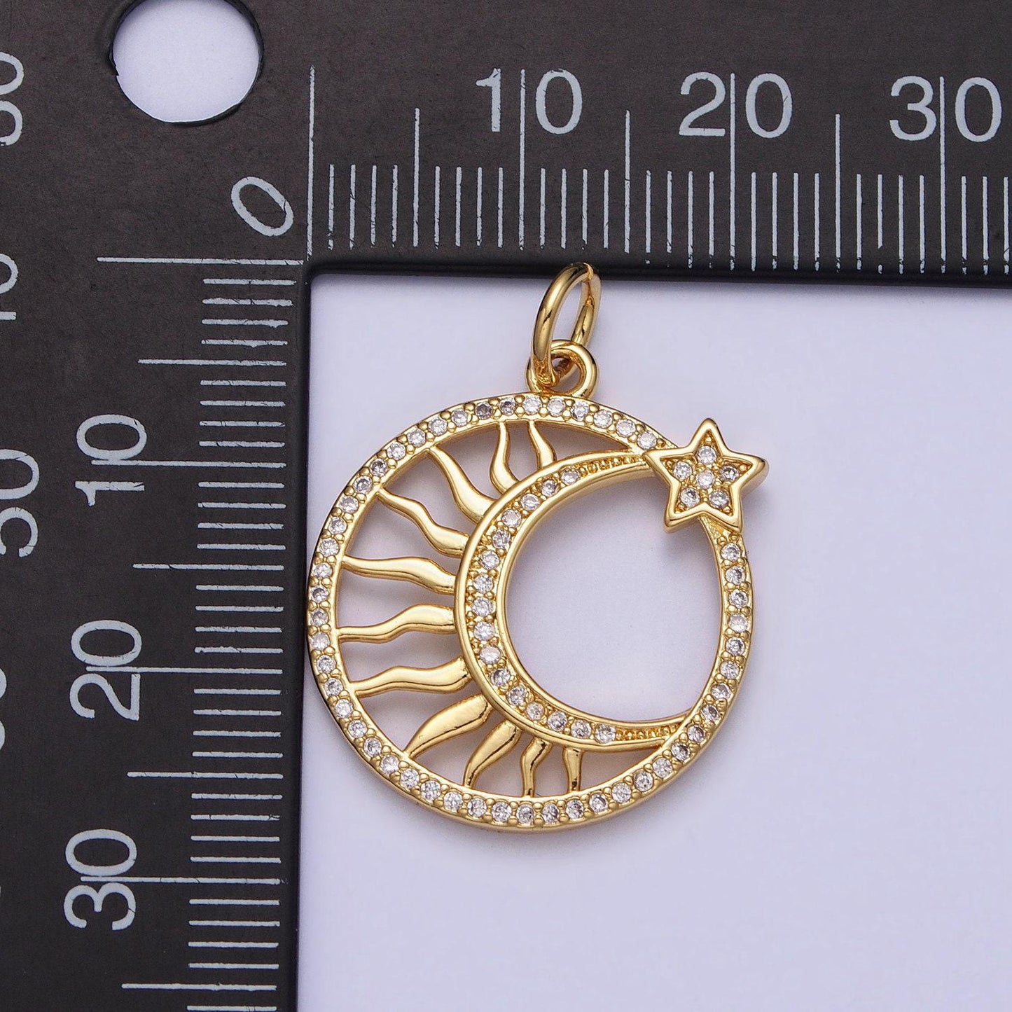 Dainty sun burst with micro pave star pendant 14k gold filled medallion | diy coin charm necklace bracelet ac367