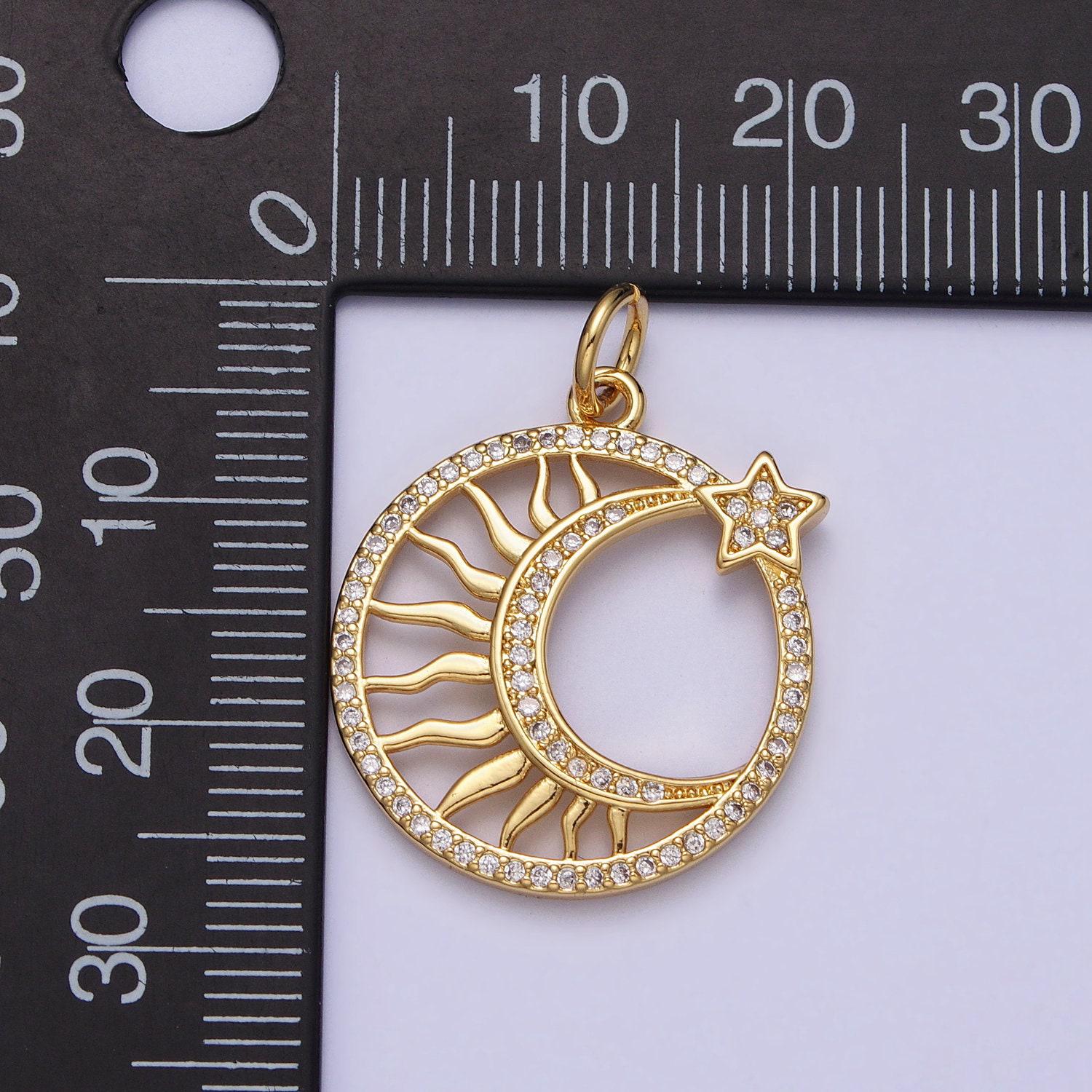Dainty sun burst with micro pave star pendant 14k gold filled medallion | diy coin charm necklace bracelet ac367