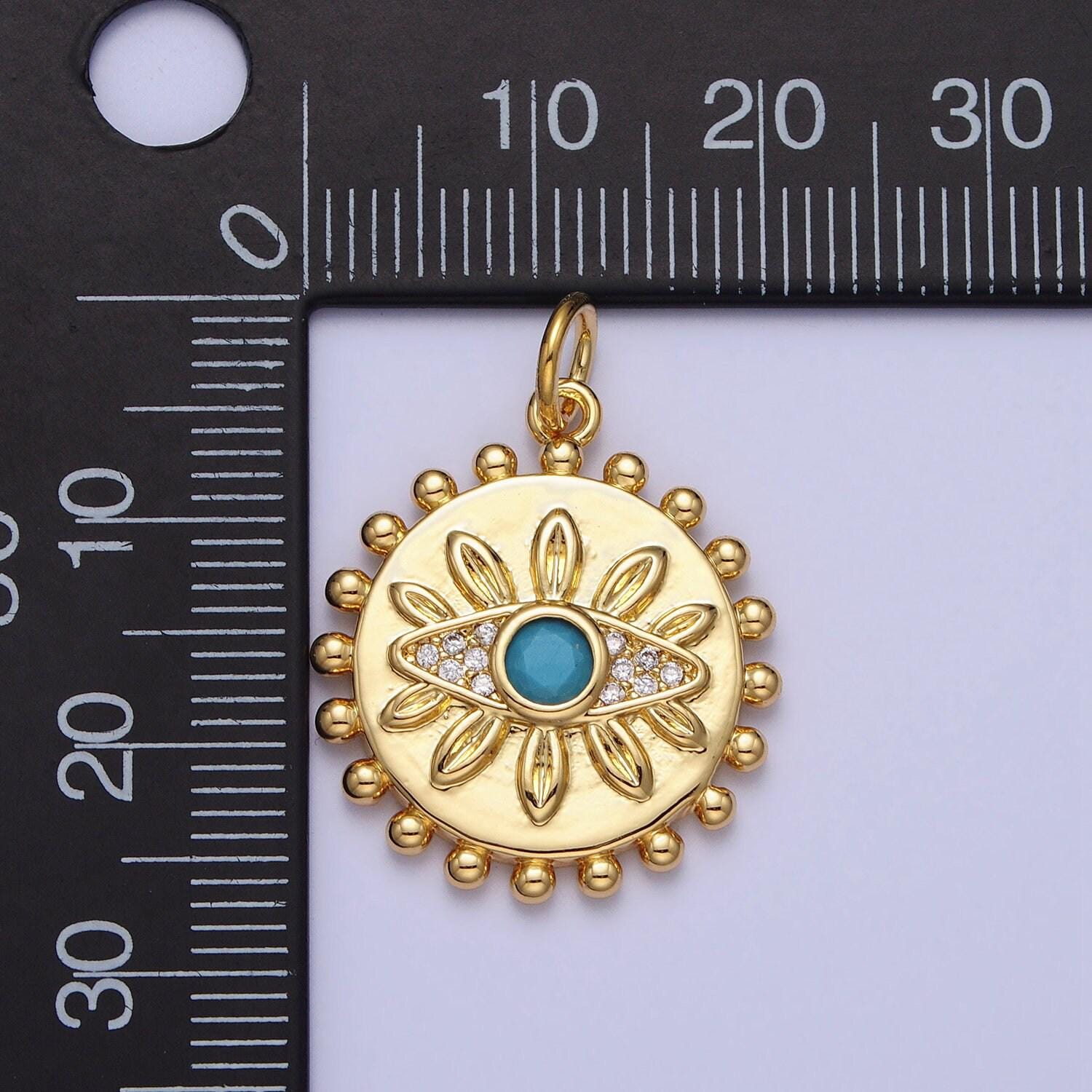Bohemian inspired gold evil eye turquoise clear micro paved cz dotted round disc charm | ac362