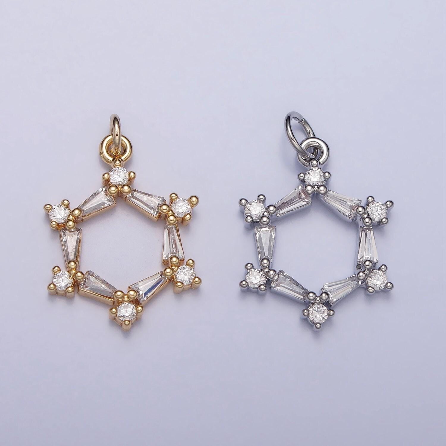 Clear baguette round cz hexagonal open geometric charm in gold & silver | ac353