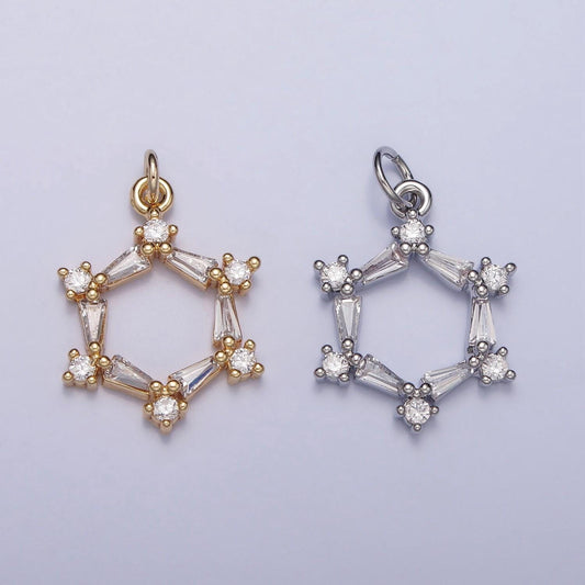Clear baguette round cz hexagonal open geometric charm in gold & silver | ac353