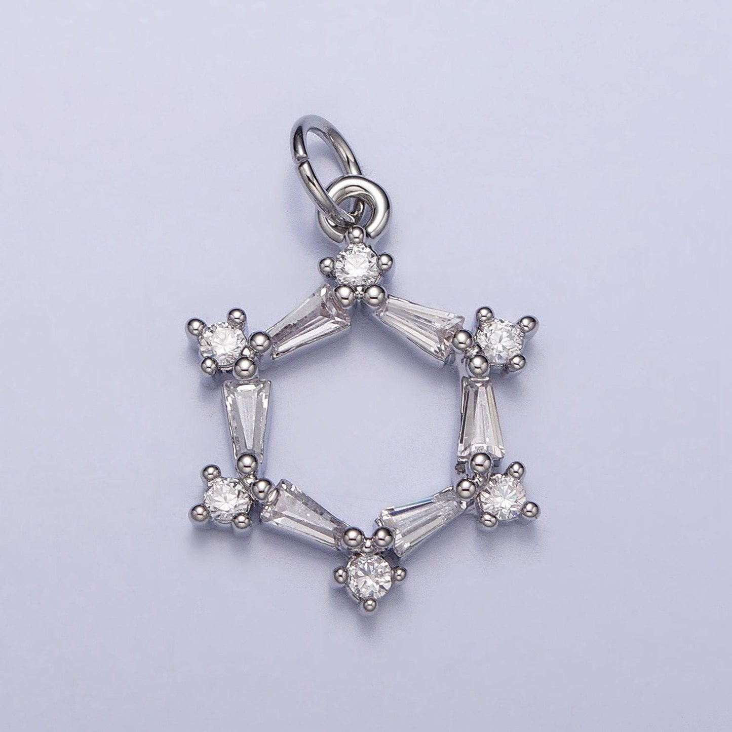 Clear baguette round cz hexagonal open geometric charm in gold & silver | ac353