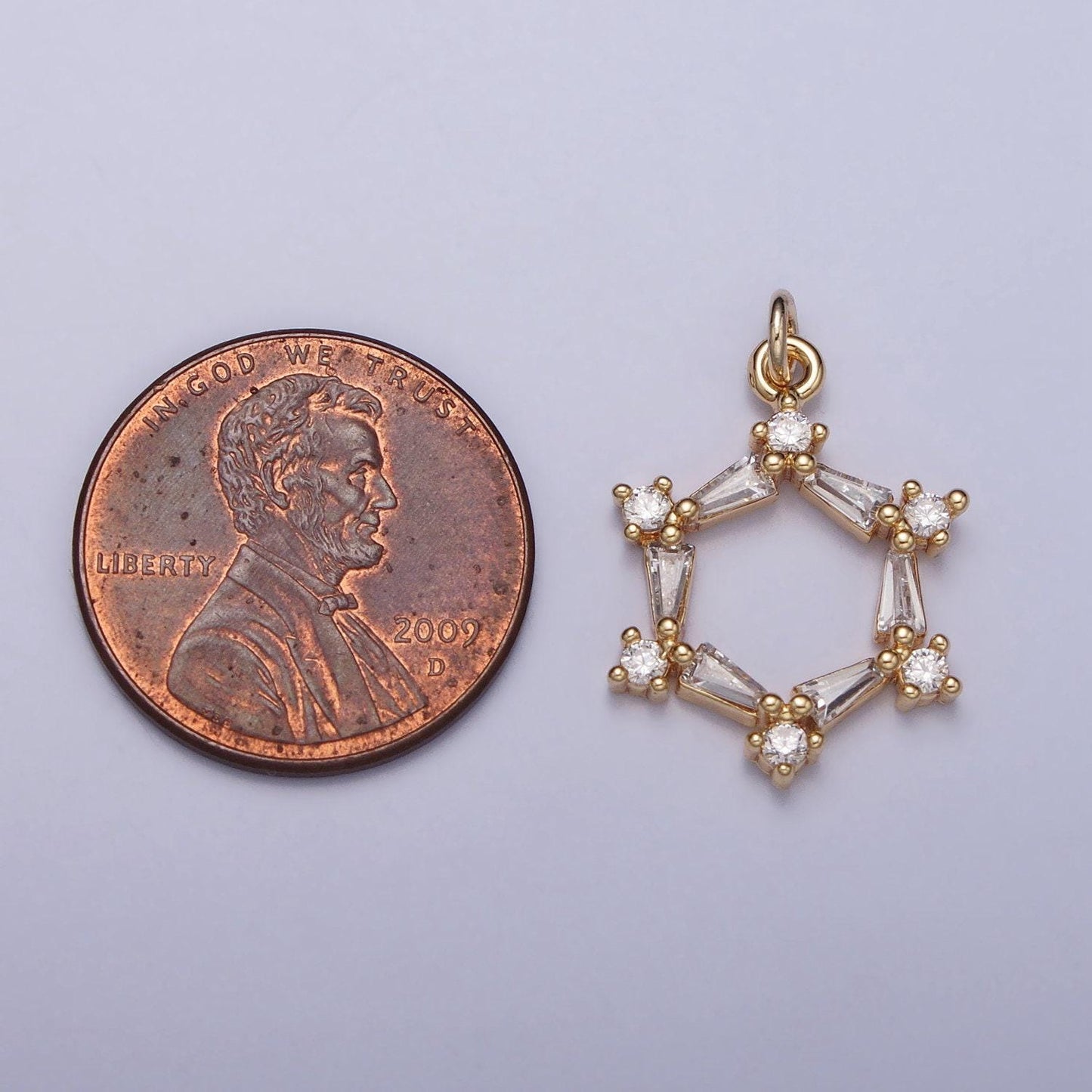 Clear baguette round cz hexagonal open geometric charm in gold & silver | ac353